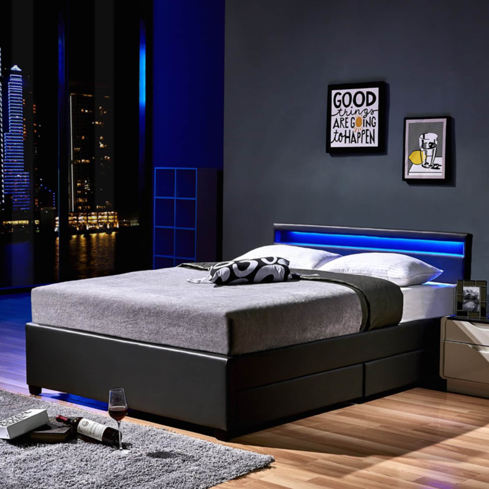 HOME DELUXE LED Bett Nube mit Schubladen 140x200 - versch. Farben - Dunkelgrau 