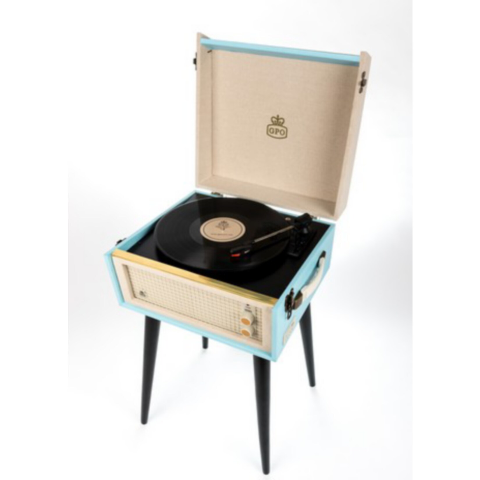 GPO Plattenspieler als Koffer oder stehend zu positionieren mit eingebauten Lautsprechern - blau 
