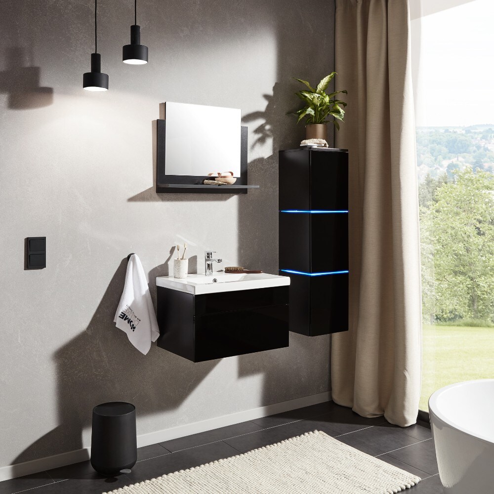 HOME DELUXE Wangerooge Badm&ouml;bel-Set schwarz, ca. 91 cm breit mit Seitenschrank und Spiegel (Gr. L) 