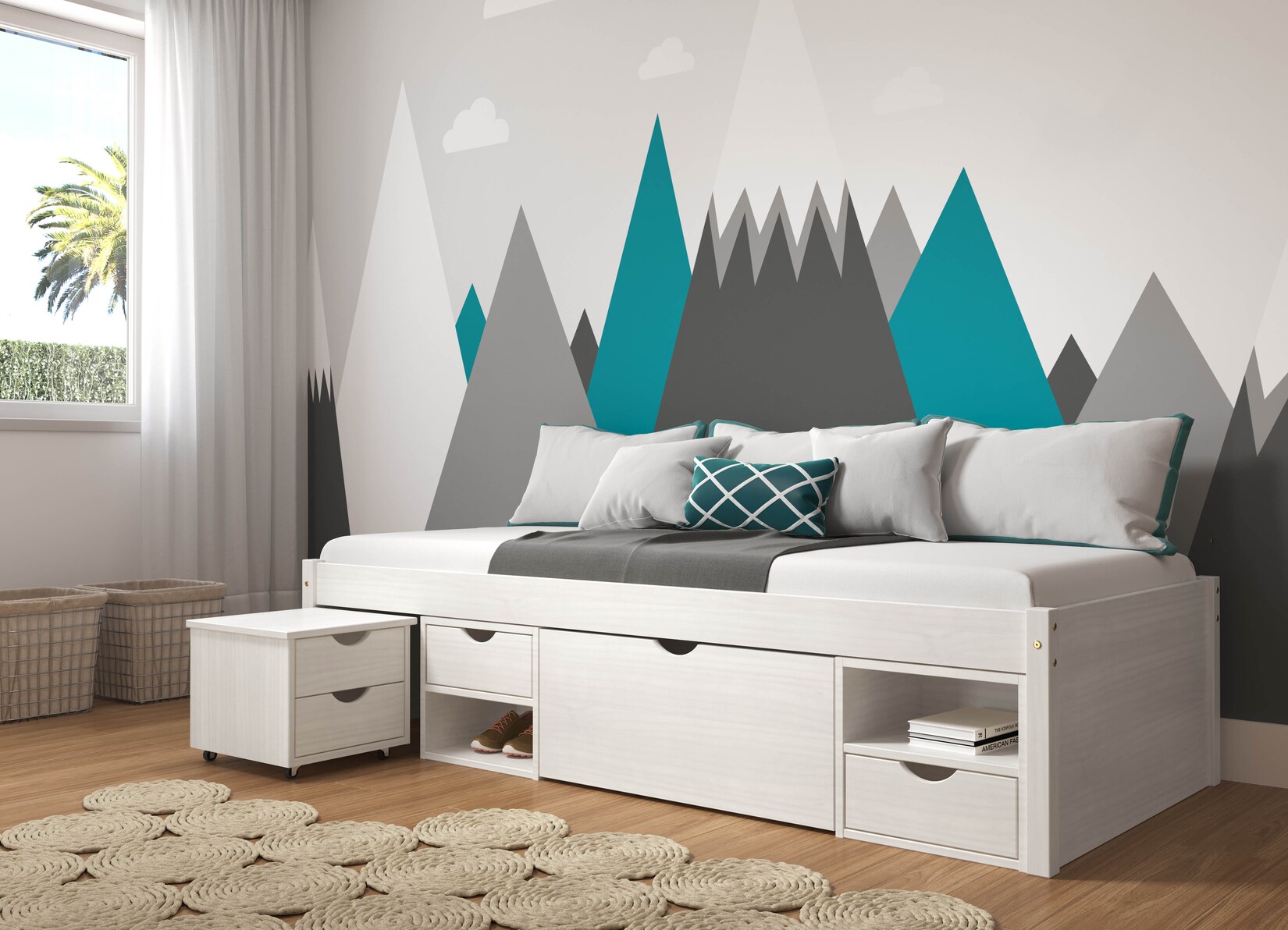 Bett mit Stauraum Till inkl. Nachtkommode und Lattenrost 90x200 - Weiß