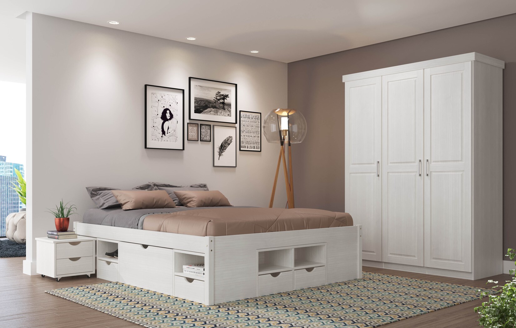 Bett mit Stauraum Till inkl. Nachtkommode und Lattenrost 140x200 - Weiß
