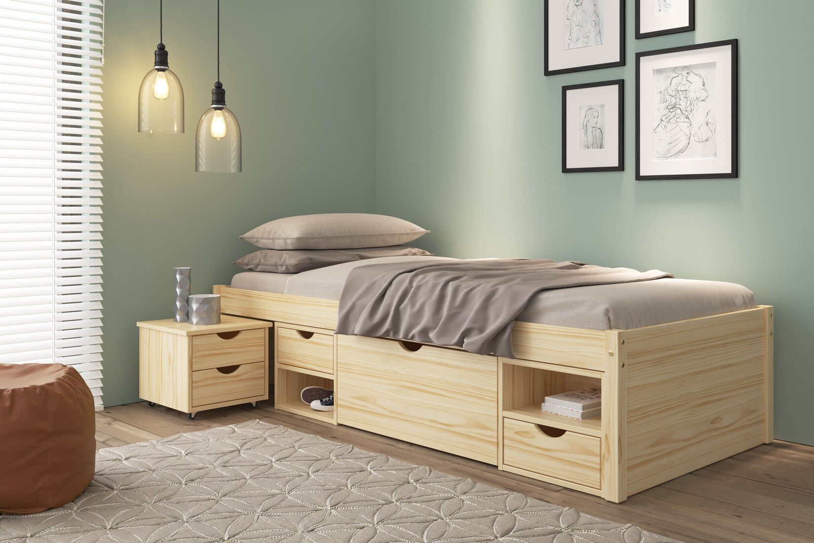 Bett mit Stauraum Till inkl. Nachtkommode und Lattenrost 90x200 - Farblos