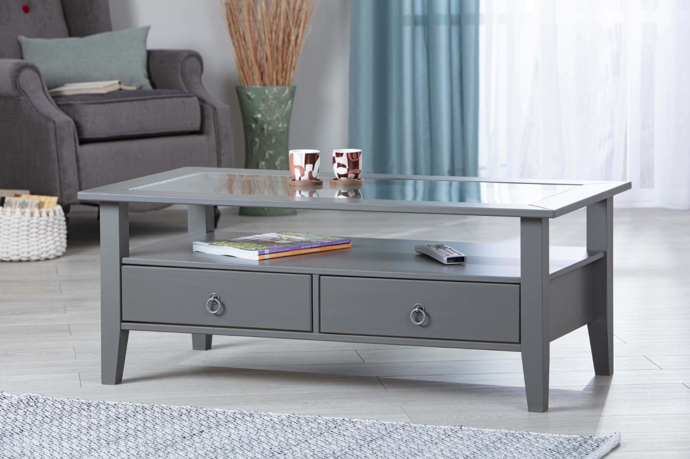 Inter Link Couchtisch Provence mit 2 Schubladen aus Kiefer Massivholz - Grau 