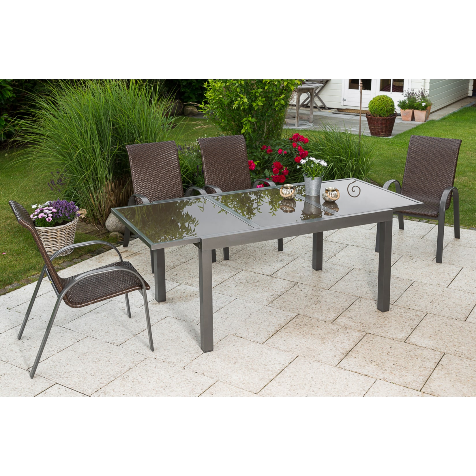 Merxx Sitzgruppe Varese 5tlg., Ausziehtisch 120 (180) x 90 cm mit 4 Stapelsesseln 