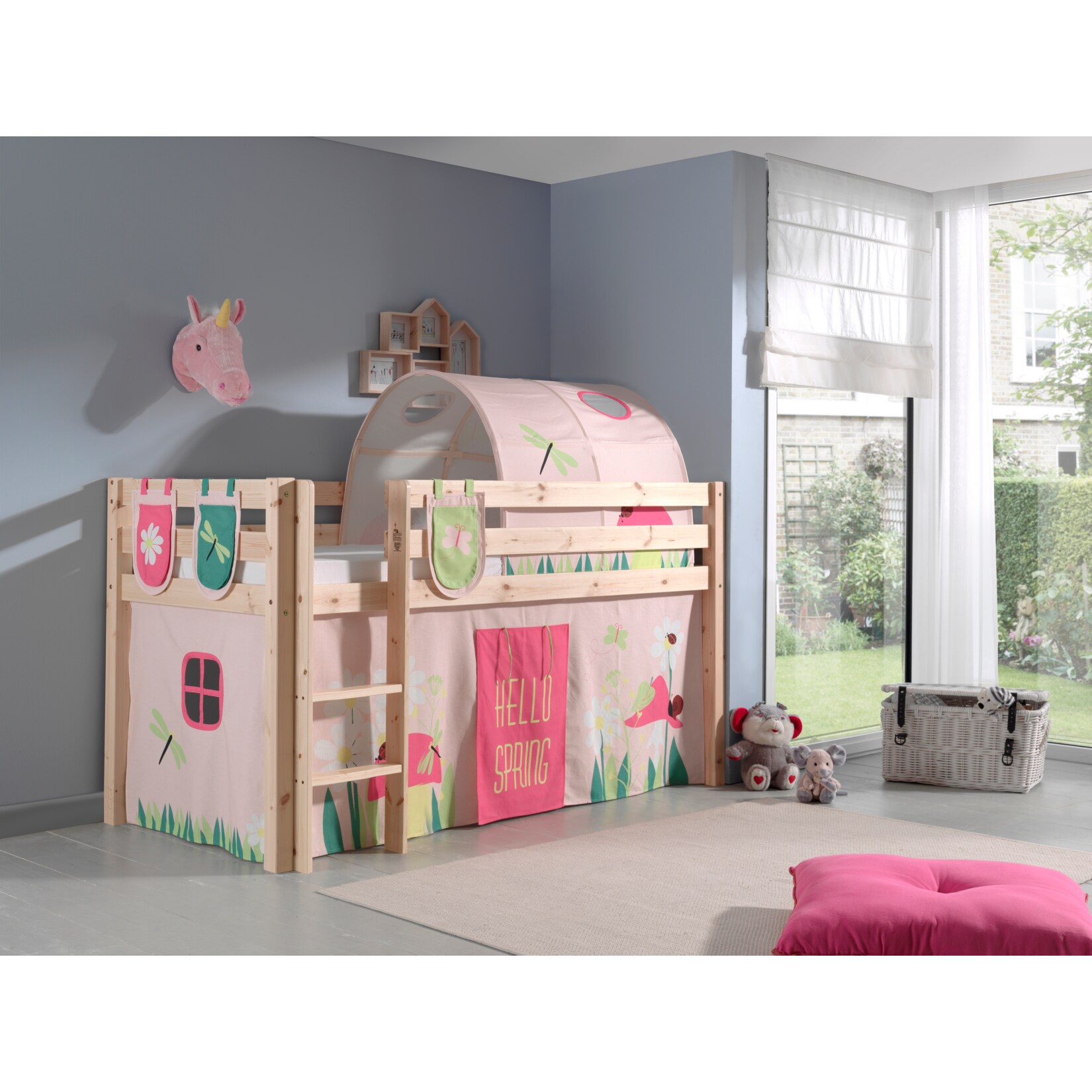 Vipack Spielbett Pino, Kiefer massiv natur mit Vorhang, Tunnel und 3 Taschen - Dessin Spring 