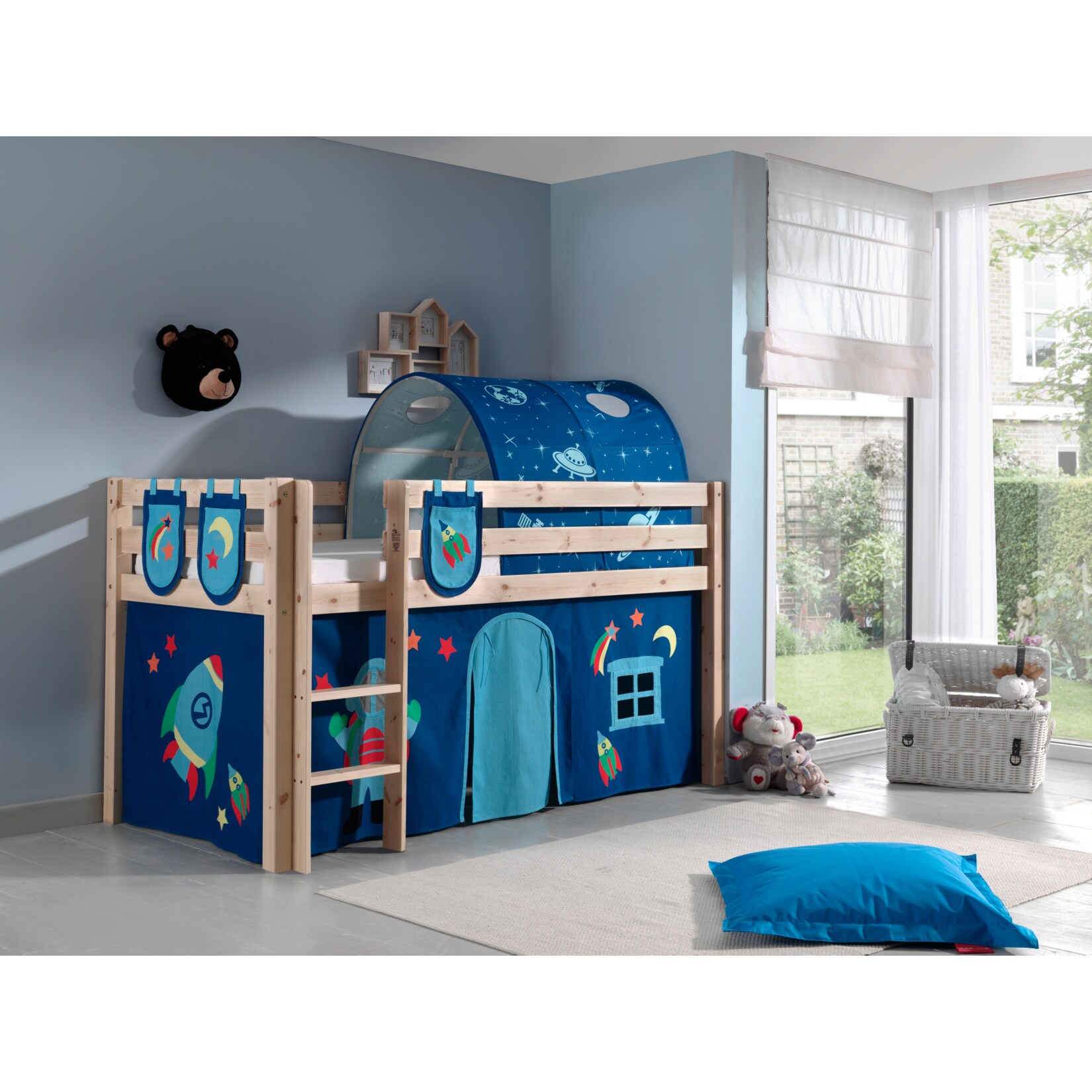 Vipack Spielbett Pino, Kiefer massiv natur mit Vorhang, Tunnel und 3 Taschen - Dessin Astro