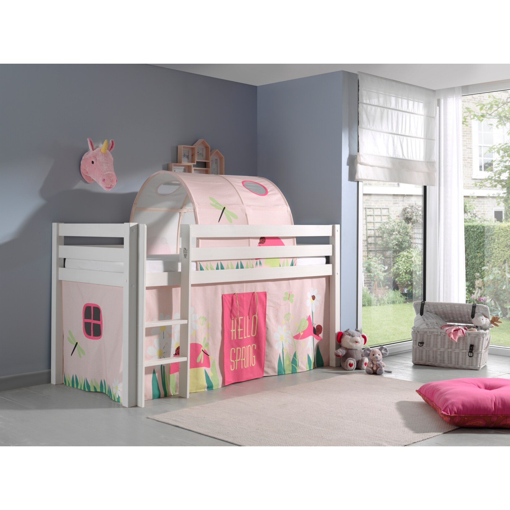 Vipack Spielbett Pino, Kiefer massiv wei&szlig; mit Vorhang und Tunnel - Dessin Spring 