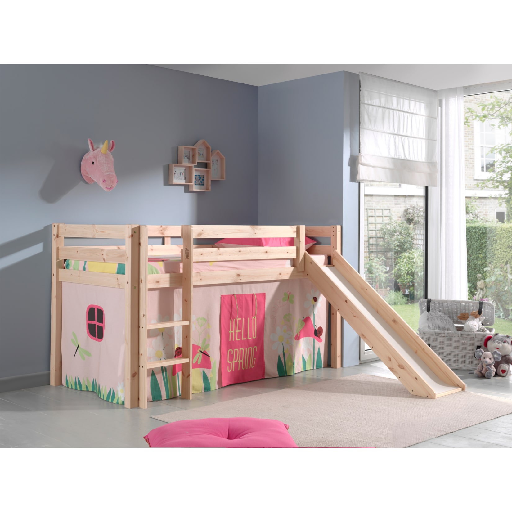 Vipack Spielbett Pino inkl. Rutsche, Kiefer massiv natur mit Vorhang - Dessin Spring 