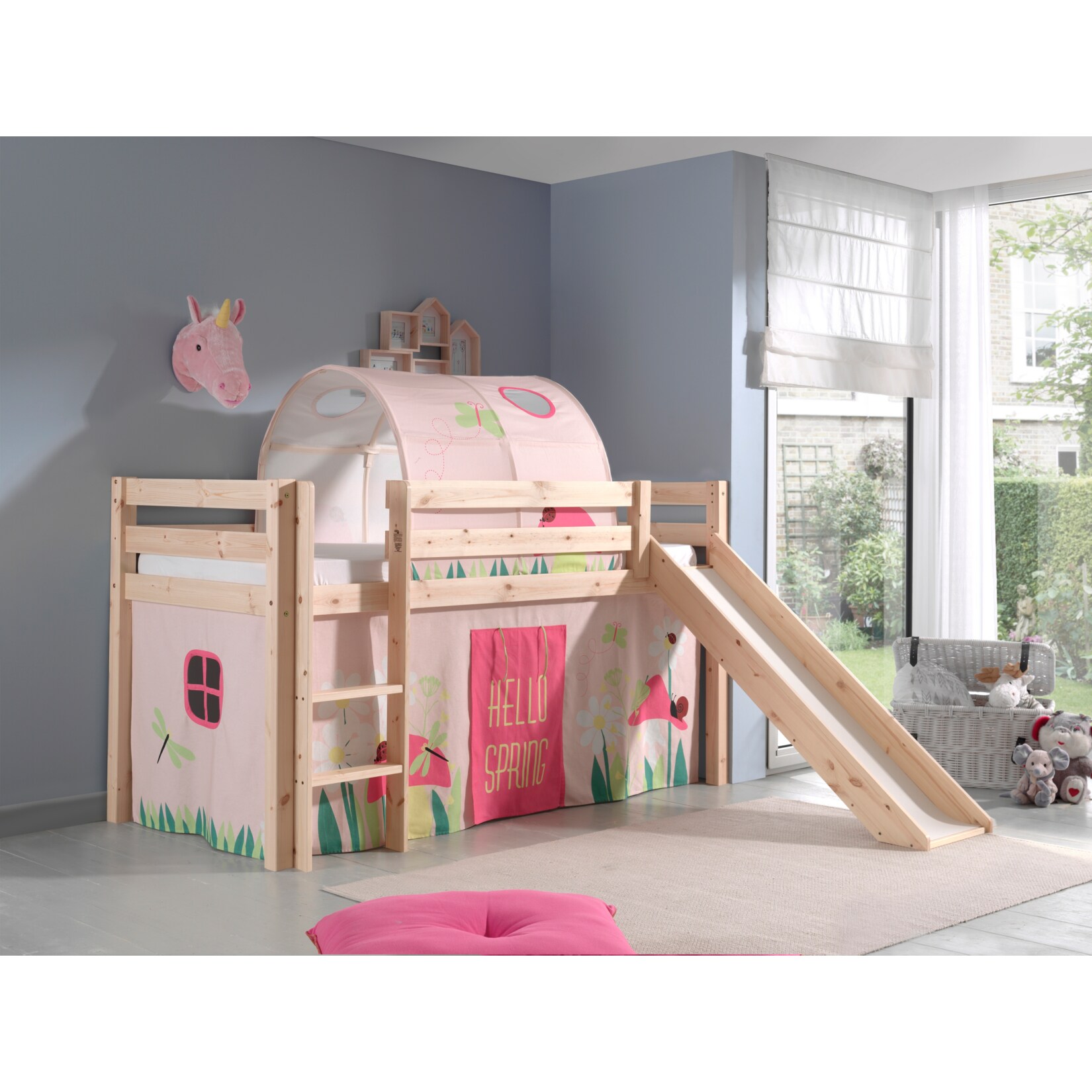 Vipack Spielbett Pino inkl. Rutsche, Kiefer massiv natur mit Vorhang und Tunnel - Dessin Spring