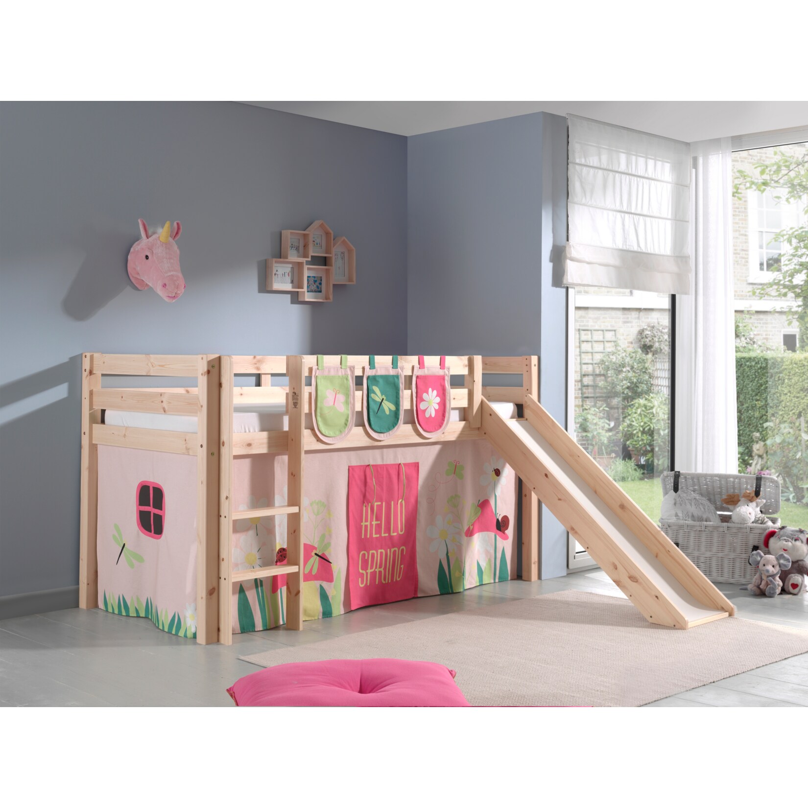 Vipack Spielbett Pino inkl. Rutsche, Kiefer massiv natur mit Vorhang und 3 Taschen - Dessin Spring