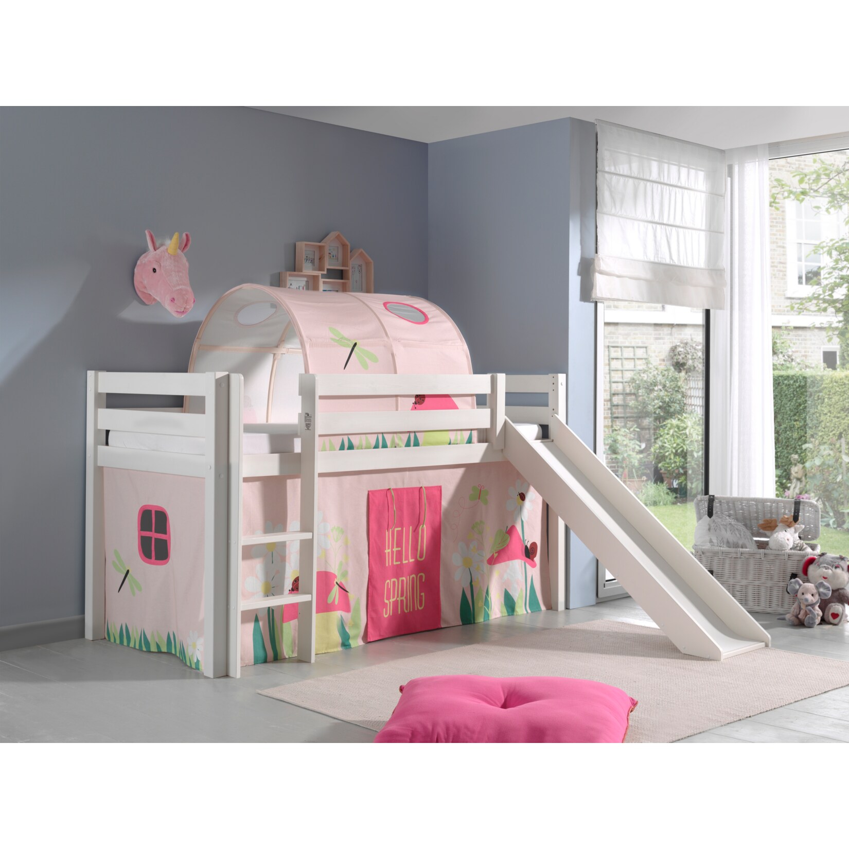 Vipack Spielbett Pino inkl. Rutsche, Kiefer massiv weiß mit Vorhang und Tunnel - Dessin Spring