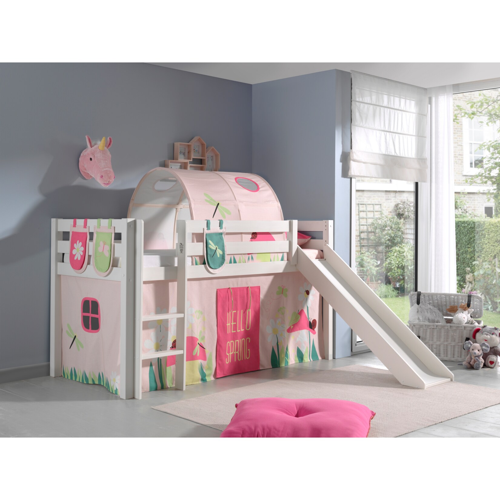 Vipack Spielbett Pino inkl. Rutsche, Kiefer massiv wei&szlig; mit Vorhang, Tunnel und 3 Taschen - Dessin Spring 