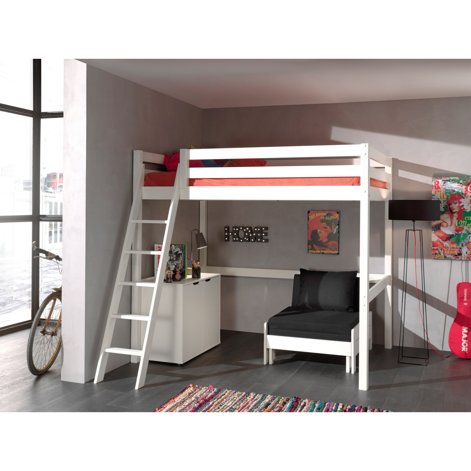 Vipack Hochbett inkl. Kommode und Sessel Kiefer massiv 140 x 200 cm, wei&szlig; 