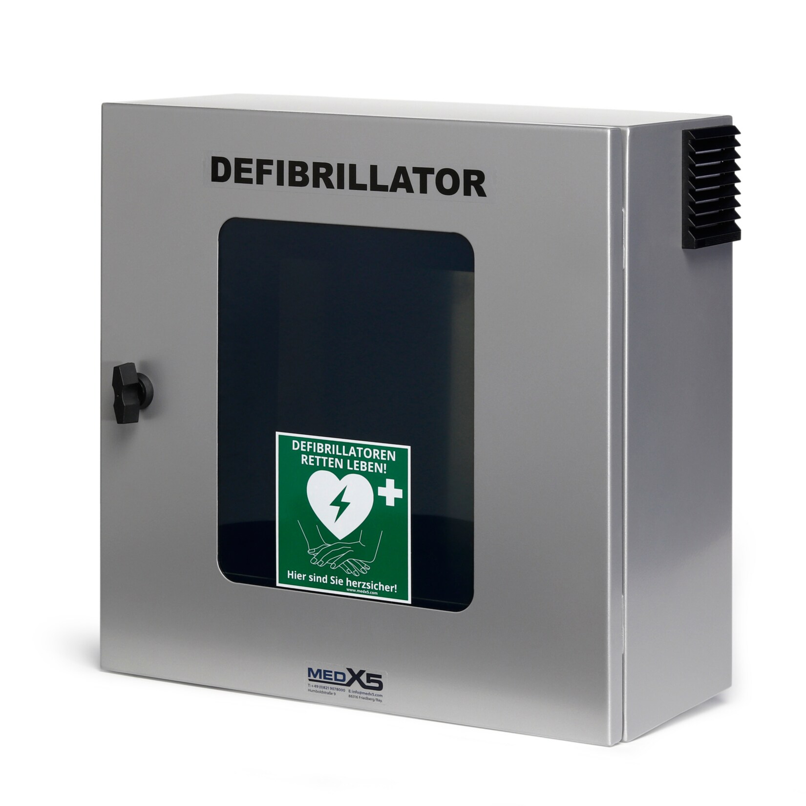 MedX5 Defibrillator (AED) Au&szlig;en-Wandkasten mit Alarm, Bel&uuml;ftung und Heizung 