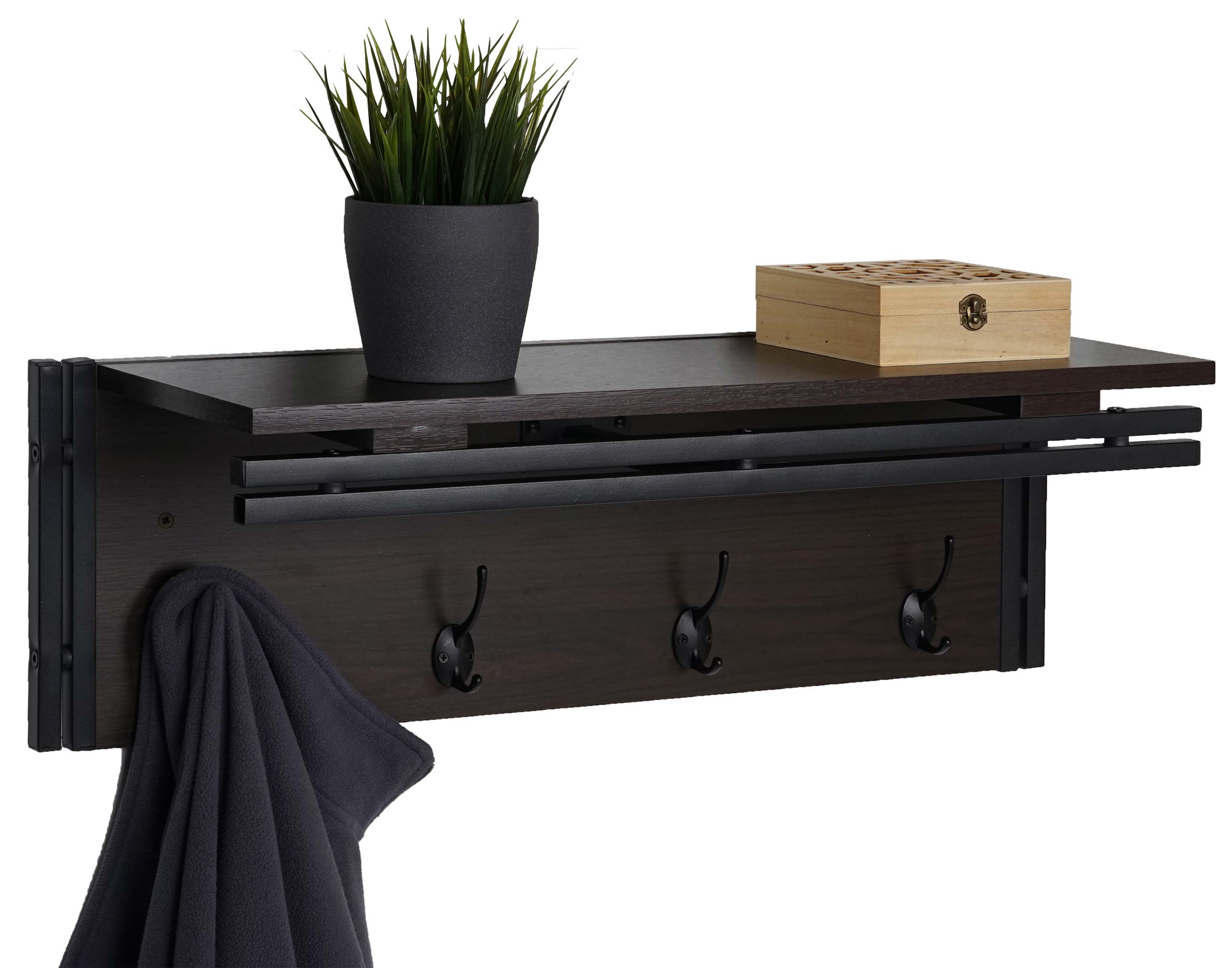 Wandgarderobe MCW-A27, Garderobe Regal, 4 Haken 24x75x24cm 3D-Struktur ~ dunkelbraun 