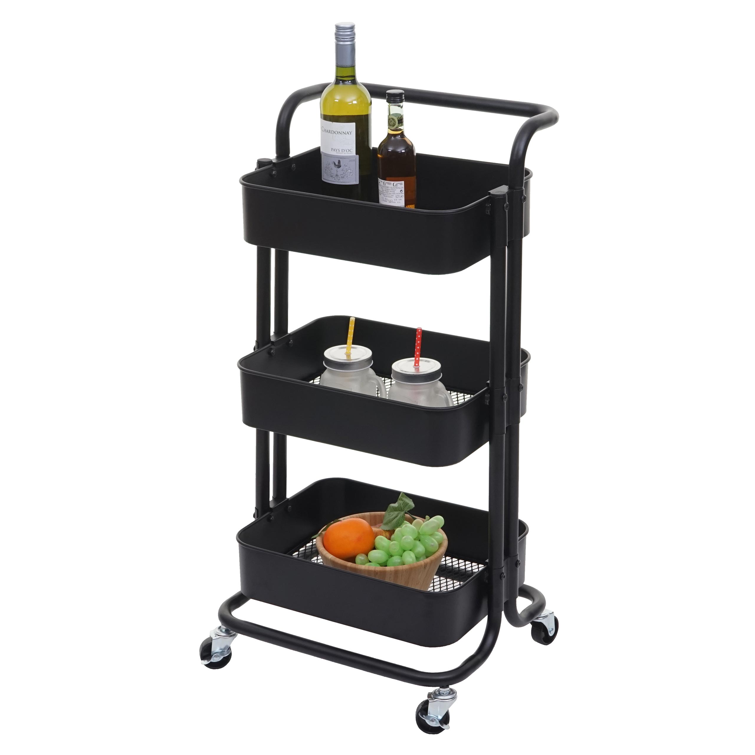 Servierwagen MCW-C64, K&uuml;chenwagen Barwagen Teewagen Transportwagen Rollwagen ~ schwarz mit Griff 