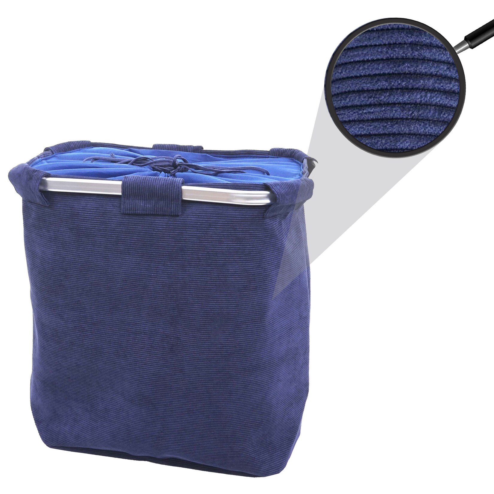 Wäschesammler MCW-C34, Laundry Wäschebox Wäschekorb Wäschebehälter mit Netz, 2 Fächer 56x49x30cm 82l ~ cord blau
