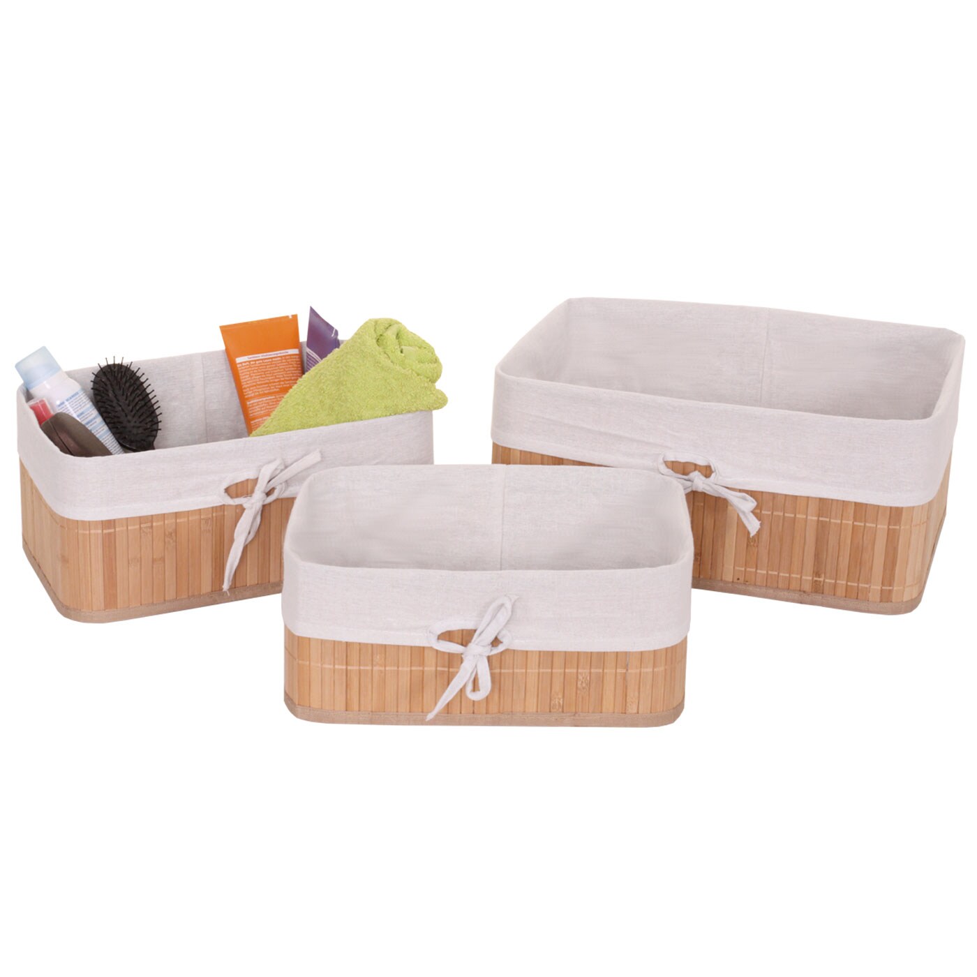 3er Set Aufbewahrungskorb MCW-C21, Korb Aufbewahrungsbox Ordnungsbox Sortierbox Regalkorb, Bambus ~ naturfarben