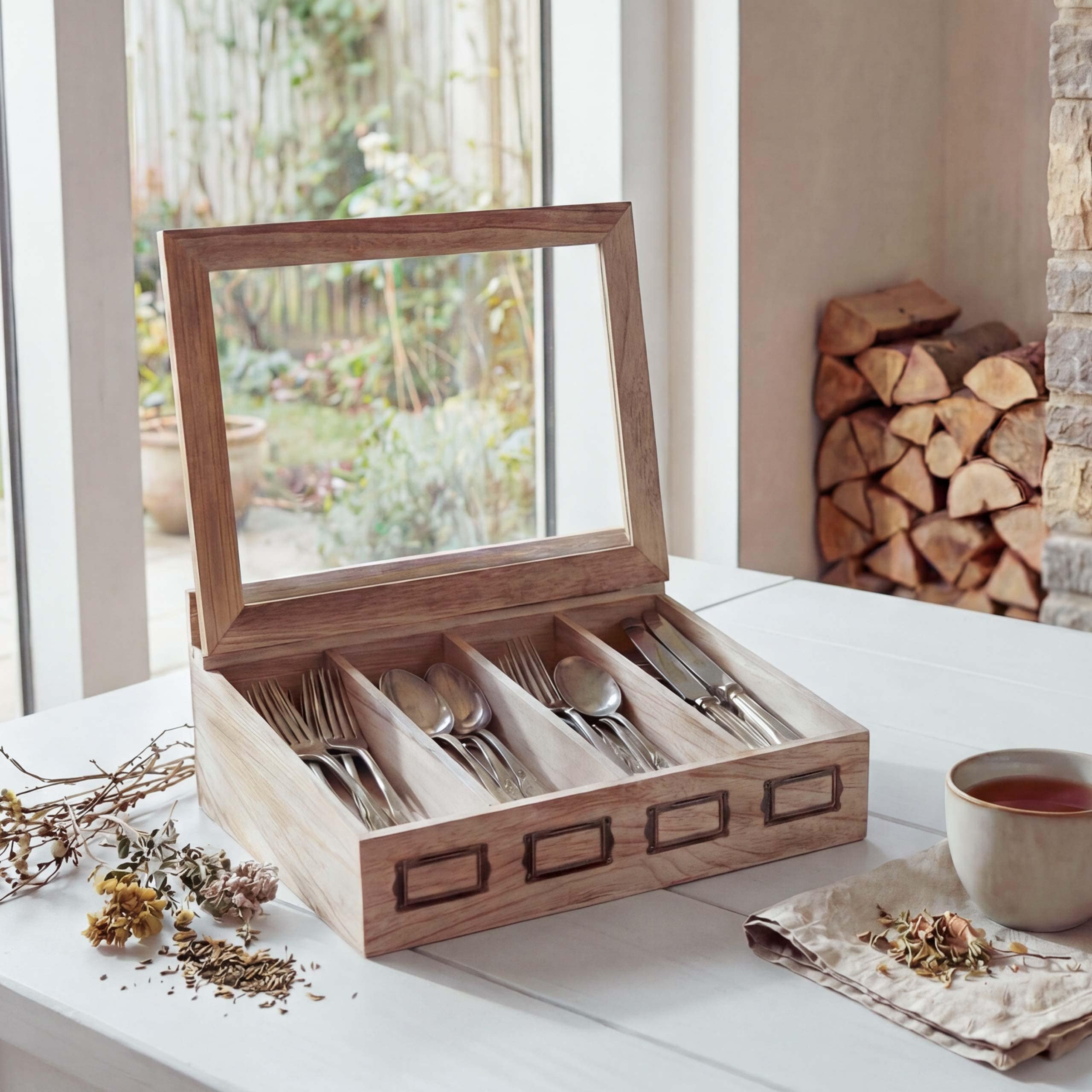 Besteckkiste MCW-C25, Holzbox mit Deckel Besteckkasten, Paulownia 17x37x33cm ~ naturbraun 