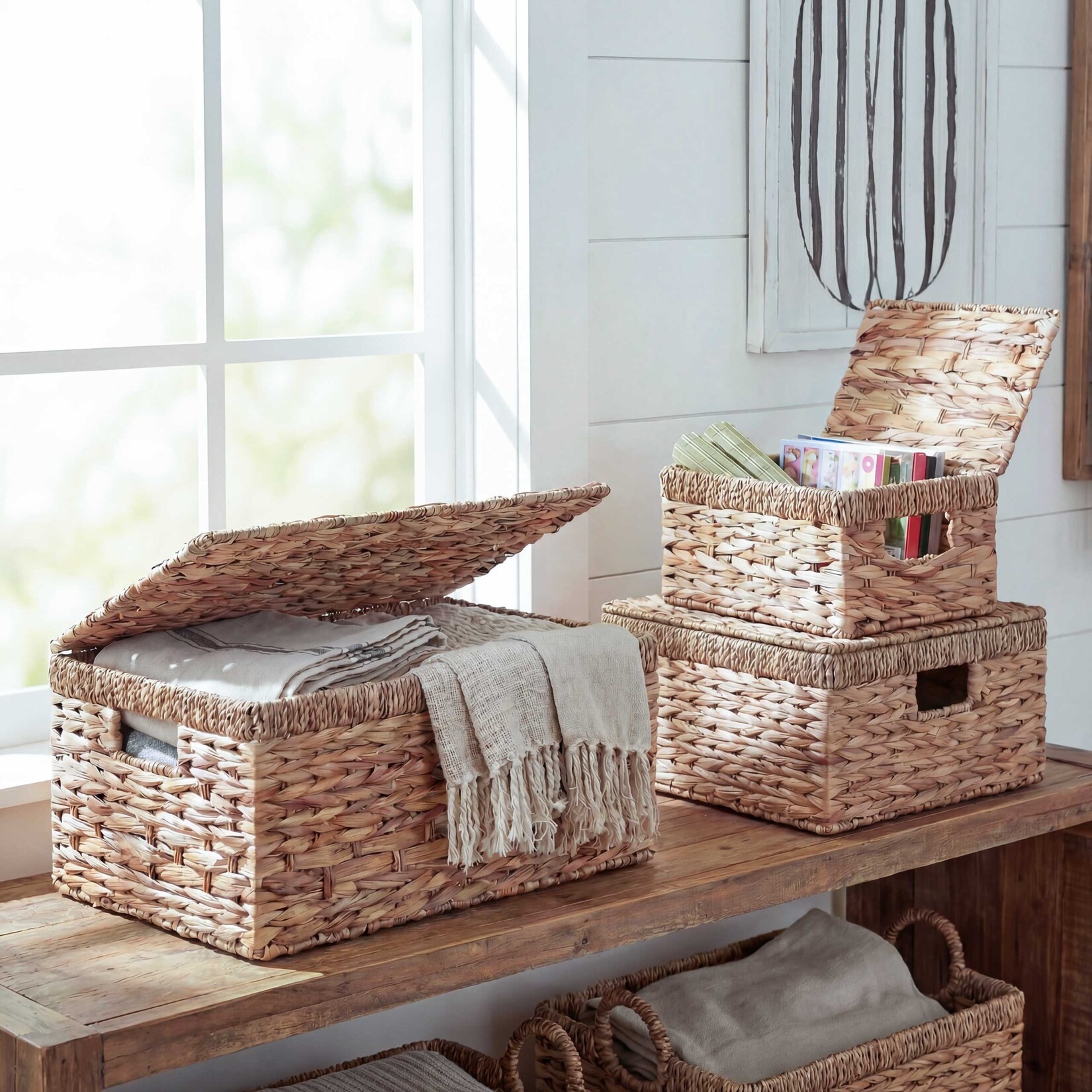 3er Set Aufbewahrungsbox MCW-C23, Truhe Kiste Box mit Deckel, Wasserhyazinthe naturfarben