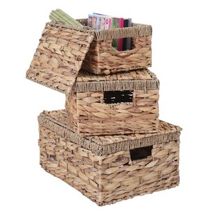 3er Set Aufbewahrungsbox MCW-C23, Truhe Kiste Box mit Deckel, Wasserhyazinthe naturfarben 