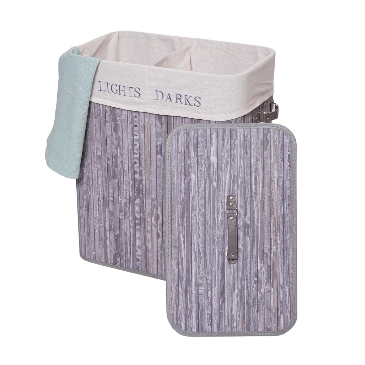 W&auml;schekorb MCW-C21, Laundry W&auml;schebox W&auml;schesammler W&auml;schebeh&auml;lter, Bambus 2 F&auml;cher 63x55x34cm 100l ~ grau-blau 