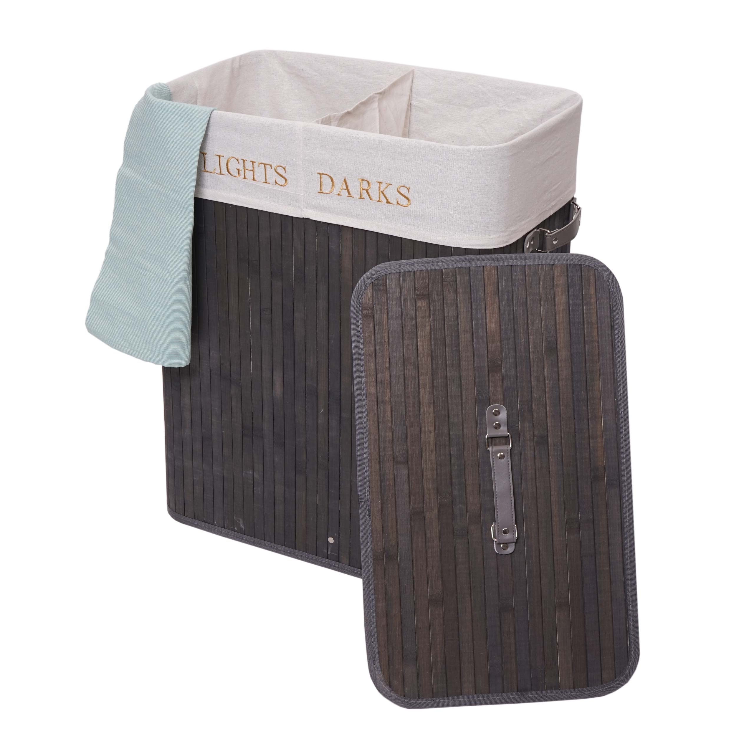 W&auml;schekorb MCW-C21, Laundry W&auml;schebox W&auml;schesammler W&auml;schebeh&auml;lter, Bambus 2 F&auml;cher 63x55x34cm 100l ~ dunkelgrau 