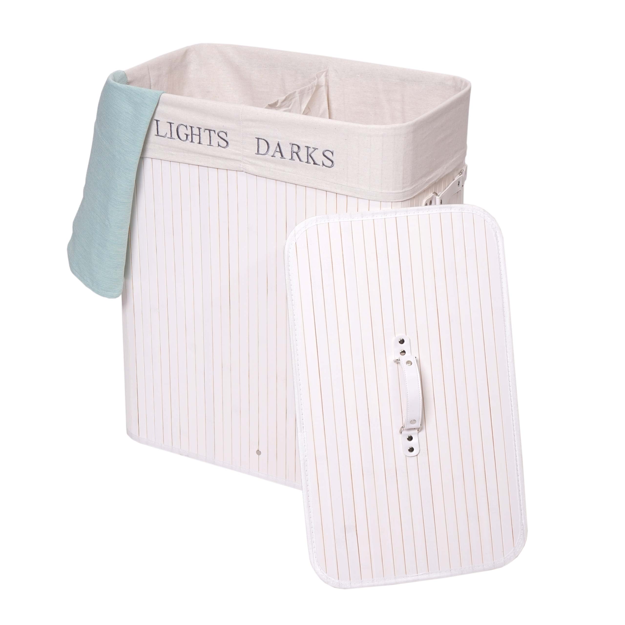 W&auml;schekorb MCW-C21, Laundry W&auml;schebox W&auml;schesammler W&auml;schebeh&auml;lter, Bambus 2 F&auml;cher 63x55x34cm 100l ~ wei&szlig; 