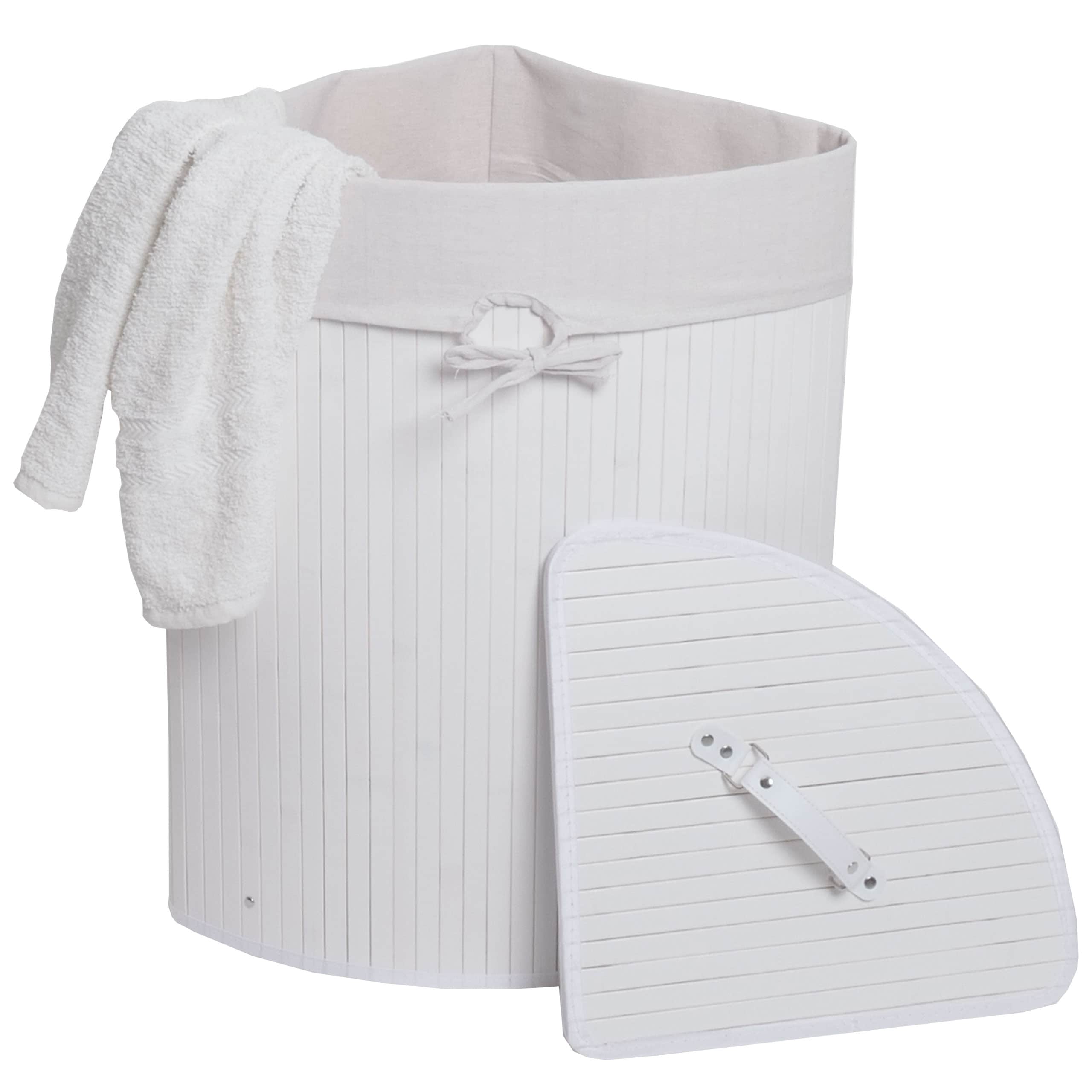 Eckw&auml;schekorb MCW-C21, Laundry W&auml;schebox W&auml;schesammler W&auml;schebeh&auml;lter, Bambus 61x48x35cm 50l ~ wei&szlig; 