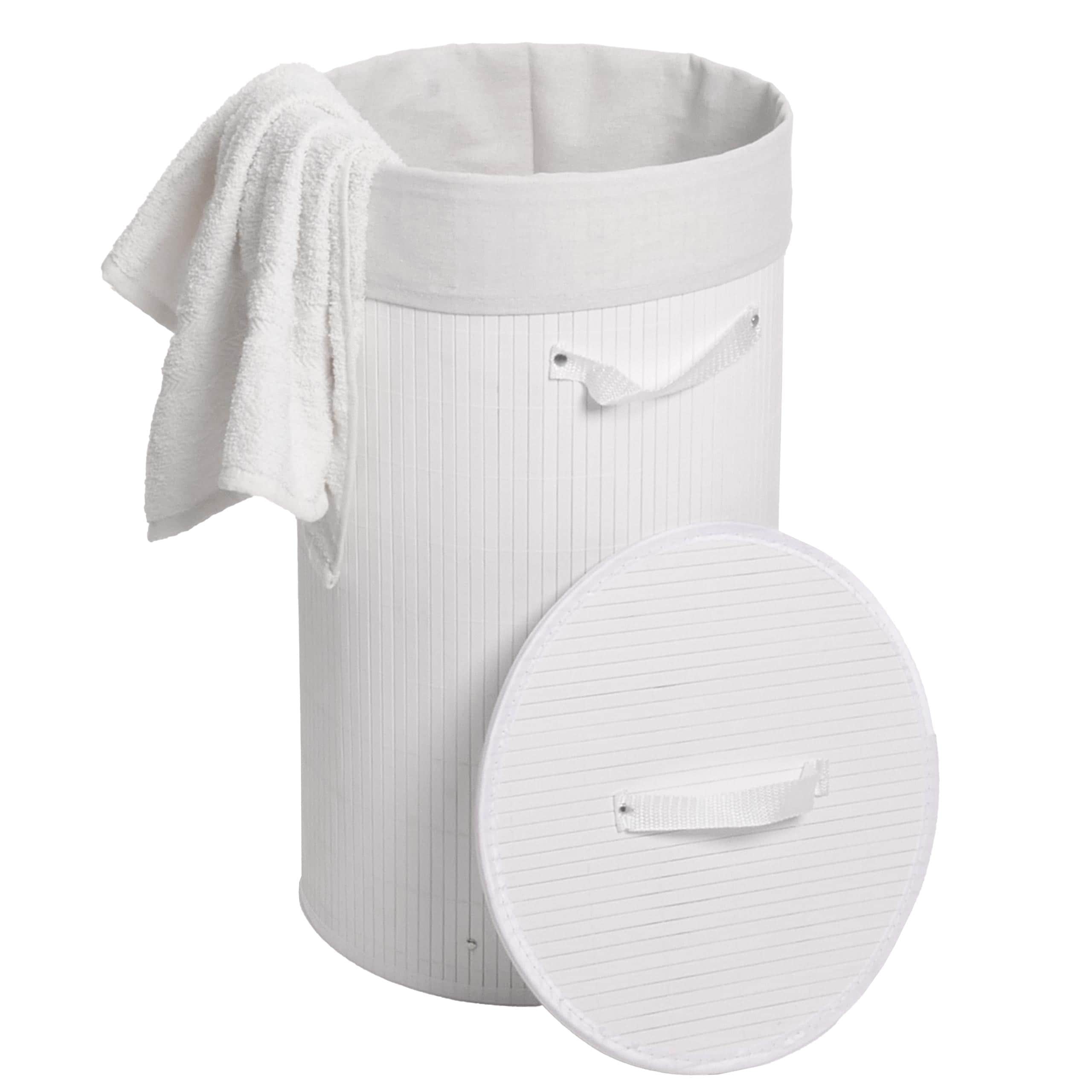 W&auml;schekorb MCW-C21, Laundry W&auml;schebox W&auml;schesammler W&auml;schebeh&auml;lter W&auml;schetonne, Bambus rund 59x35cm 50l ~ wei&szlig; 