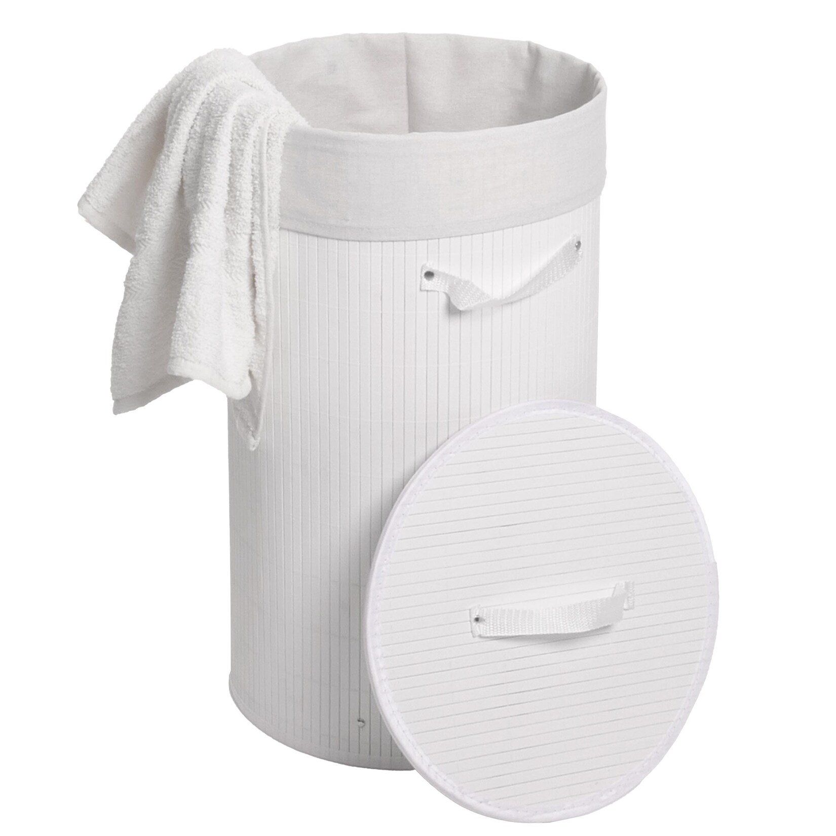 Wäschekorb MCW-C21, Laundry Wäschebox Wäschesammler Wäschebehälter Wäschetonne, Bambus rund 59x35cm 50l ~ weiß