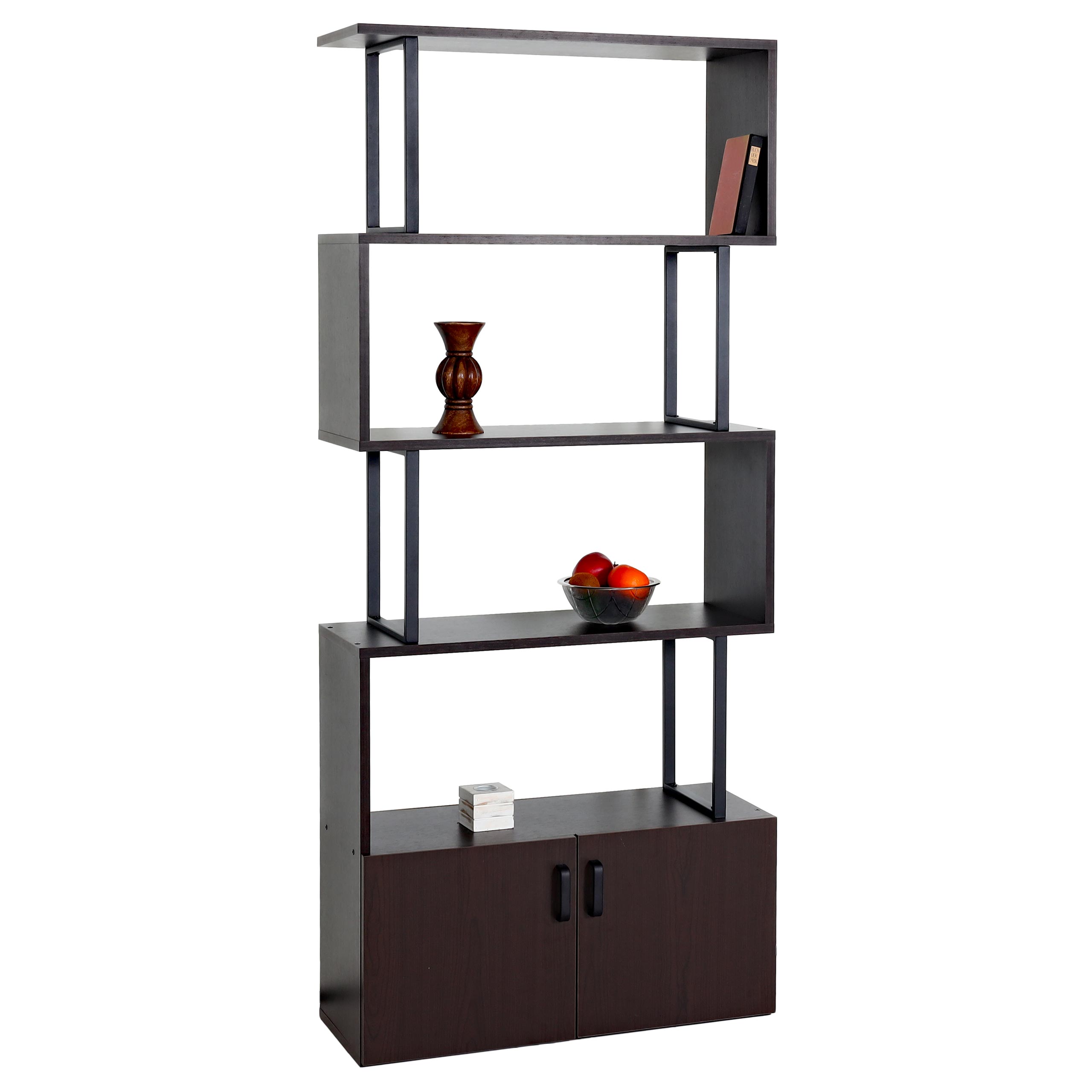 B&uuml;cherregal MCW-A27, Regal Standregal Raumteiler Wohnregal, Staufach mit T&uuml;r 183x80cm 3D-Struktur ~ dunkelbraun 