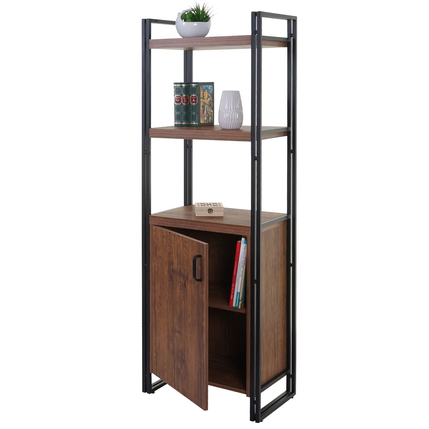 B&uuml;cherregal MCW-A27, Regal Standregal Wohnregal, Staufach mit T&uuml;r 165x55cm 3D-Struktur Wildeiche-Optik 