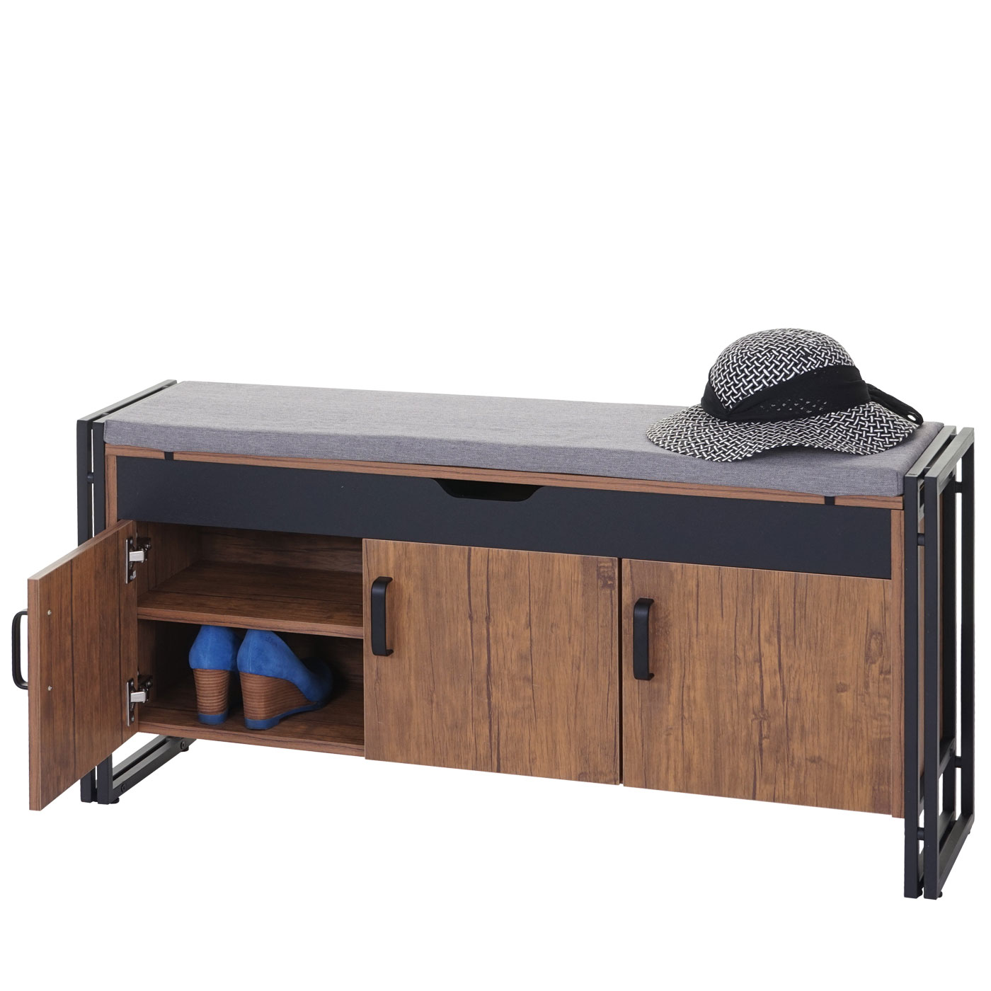 Schuhkommode mit Sitzm&ouml;glichkeit MCW-A27, Kommode Bank mit Kissen, 53x110x30cm 3D-Struktur Metall ~ Wildeiche-Optik 
