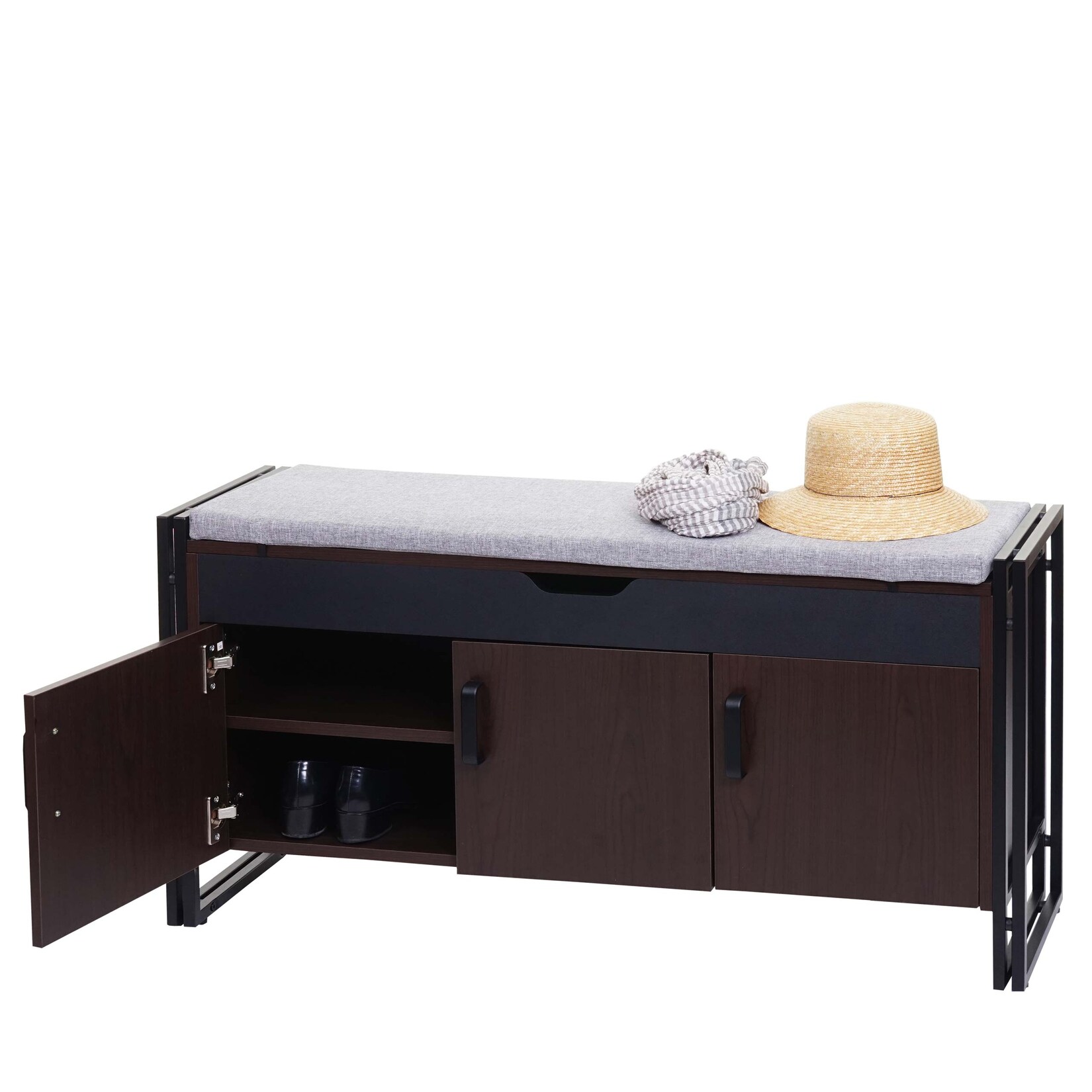 Schuhkommode mit Sitzmöglichkeit MCW-A27, Kommode Bank mit Kissen, 53x110x30cm 3D-Struktur Metall ~ dunkelbraun
