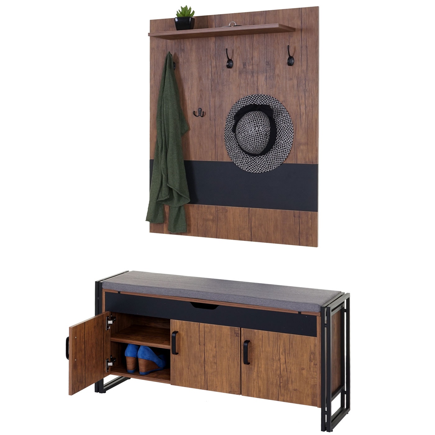 Garderobe mit Sitzbank MCW-A27, Garderobenpaneel Kommode, 53x110x30cm 3D-Struktur, MVG Wildeiche-Optik 