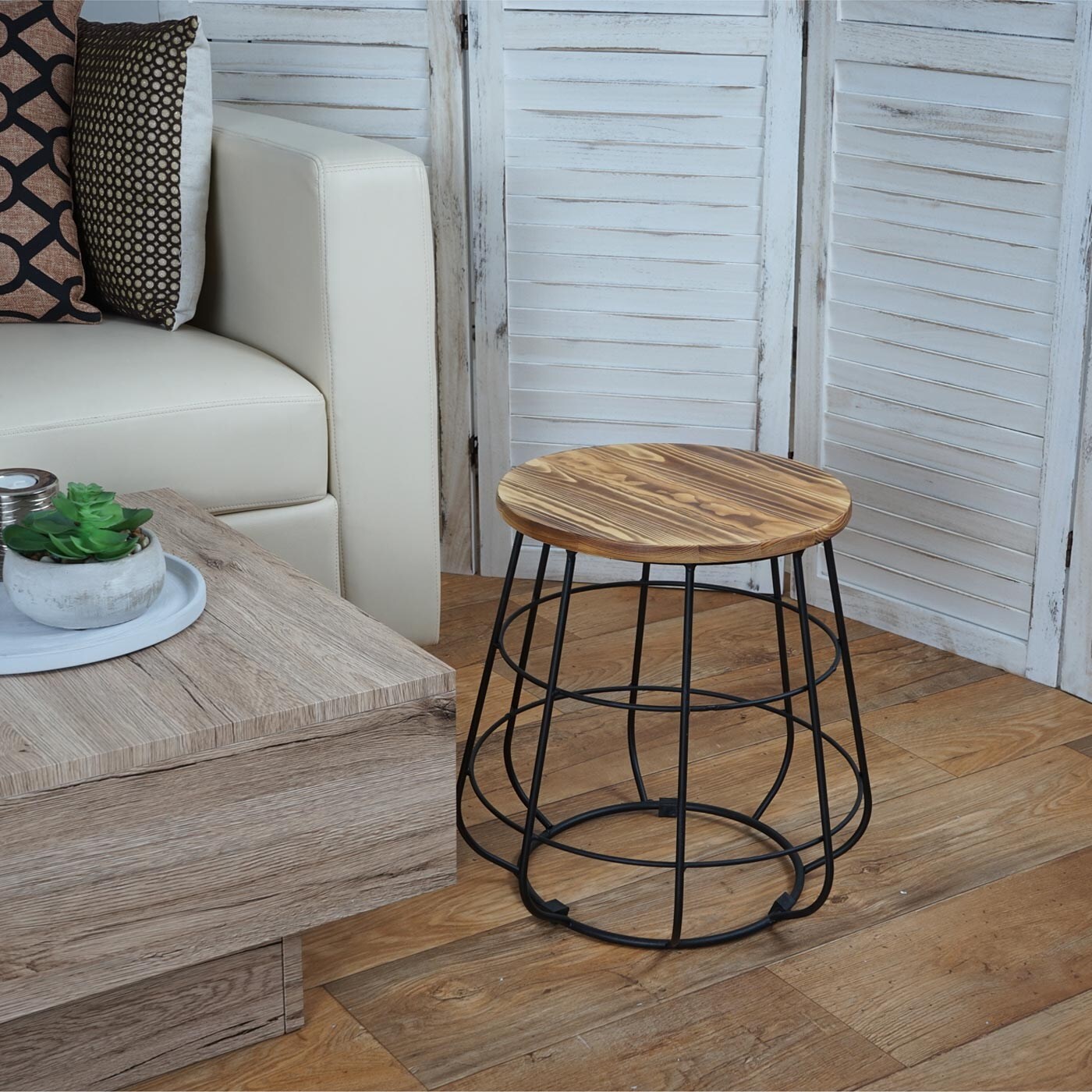 Sitzhocker mit Stauraum MCW-A80, Hocker Aufbewahrung, Industriedesign Echtholz MVG Ø35cm