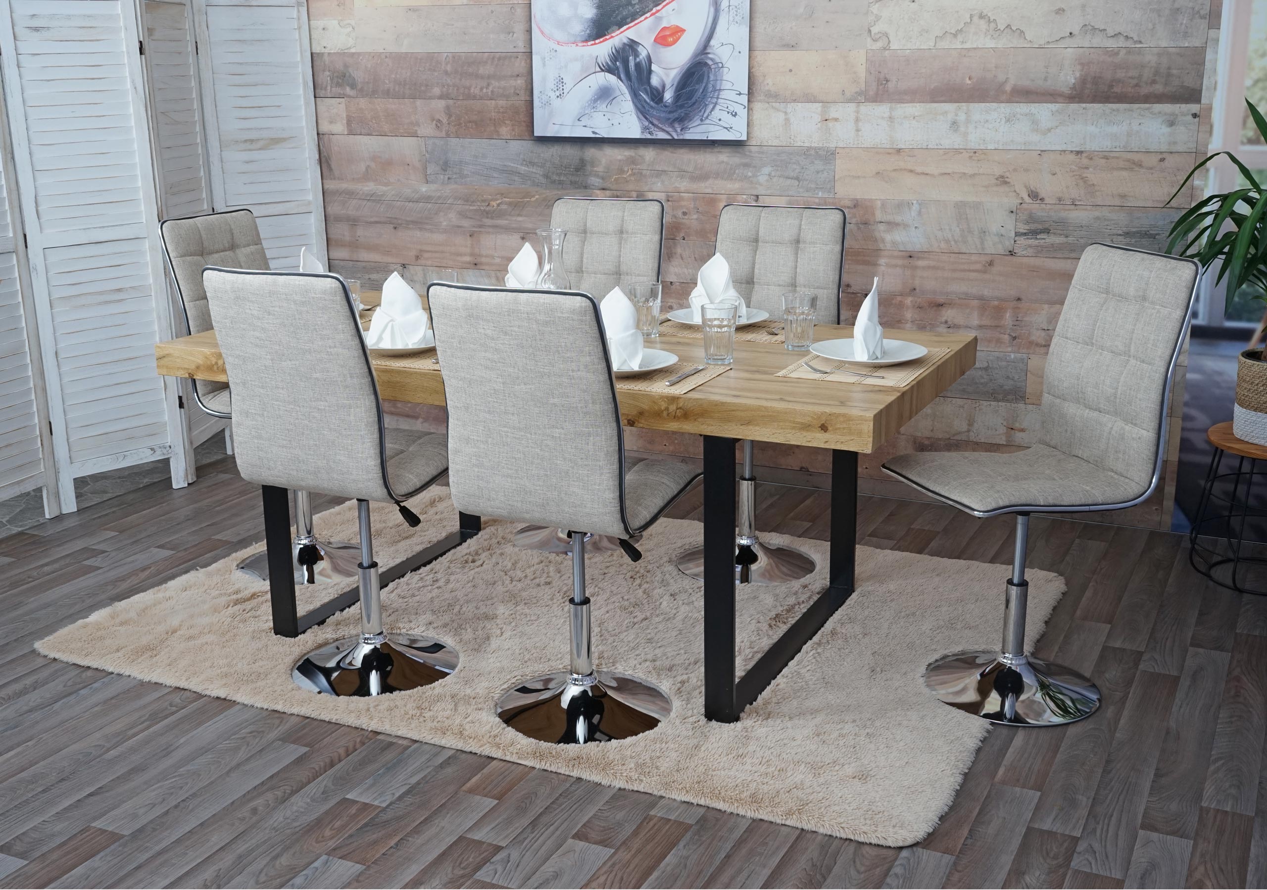 6er-Set Esszimmerstuhl MCW-C41, Stuhl K&uuml;chenstuhl, h&ouml;henverstellbar drehbar, Stoff/Textil MVG ~ creme-grau 