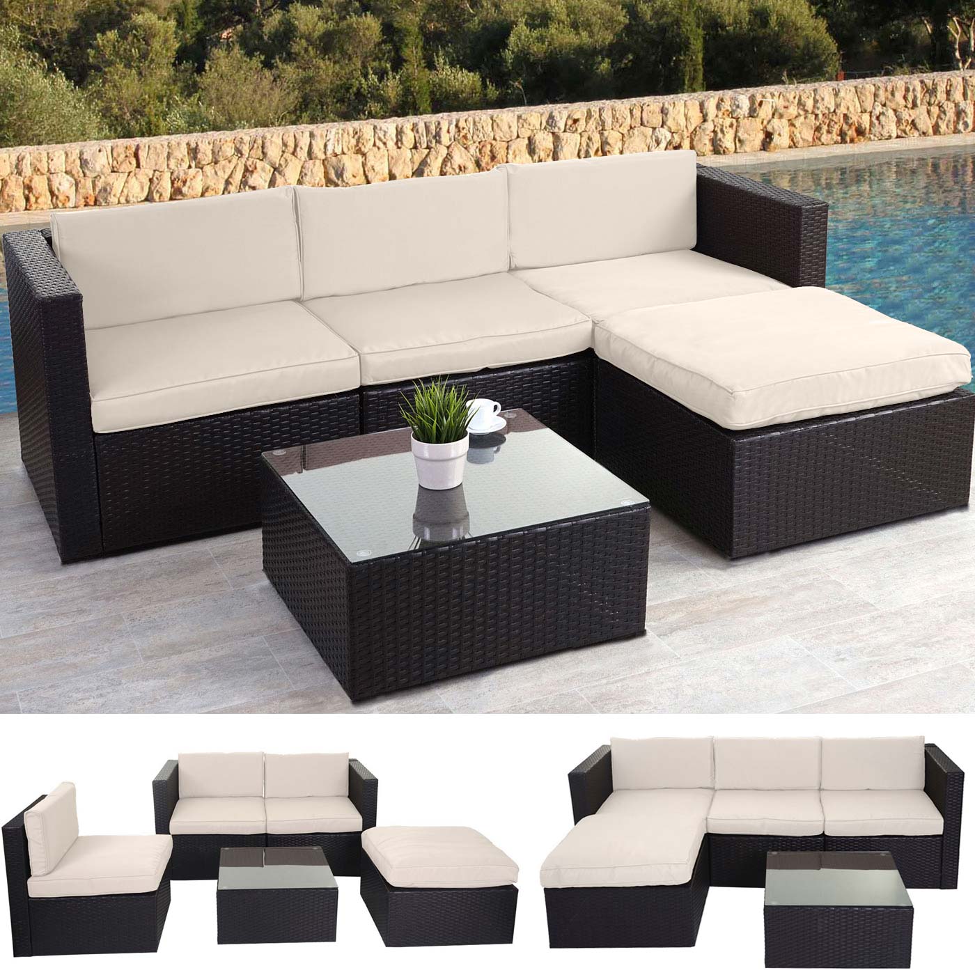 Poly-Rattan-Garnitur MCW-D28, Gartengarnitur Sofa Set ~ braun, Polster creme ohne Deko-Kissen/Abdeckung 