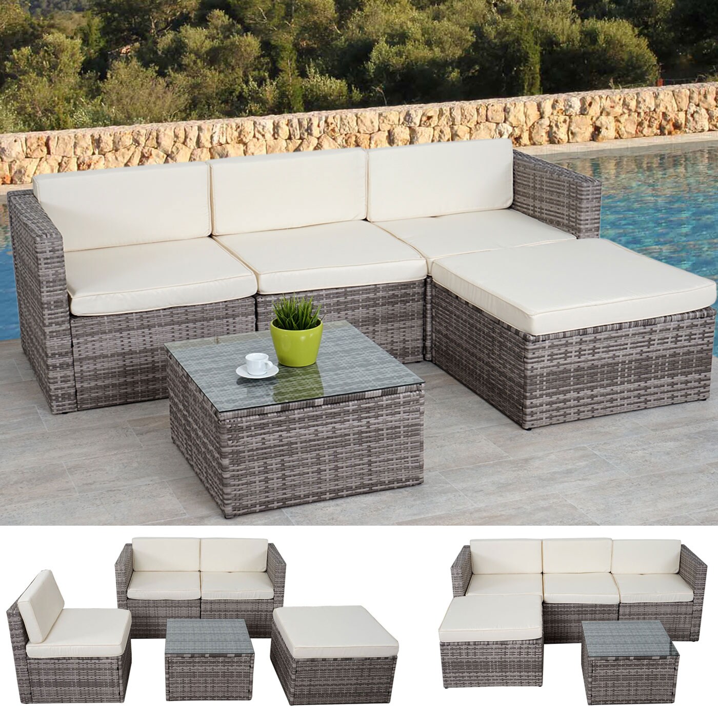 Poly-Rattan-Garnitur -D28, Gartengarnitur Sofa Set ~ grau, Polster creme ohne Deko-Kissen/Abdeckung