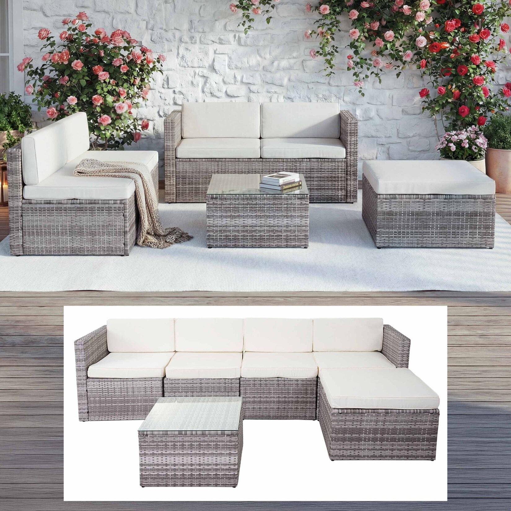 Poly-Rattan-Garnitur -D24, Garten-/Lounge-Set Sofa ~ grau, Polster creme