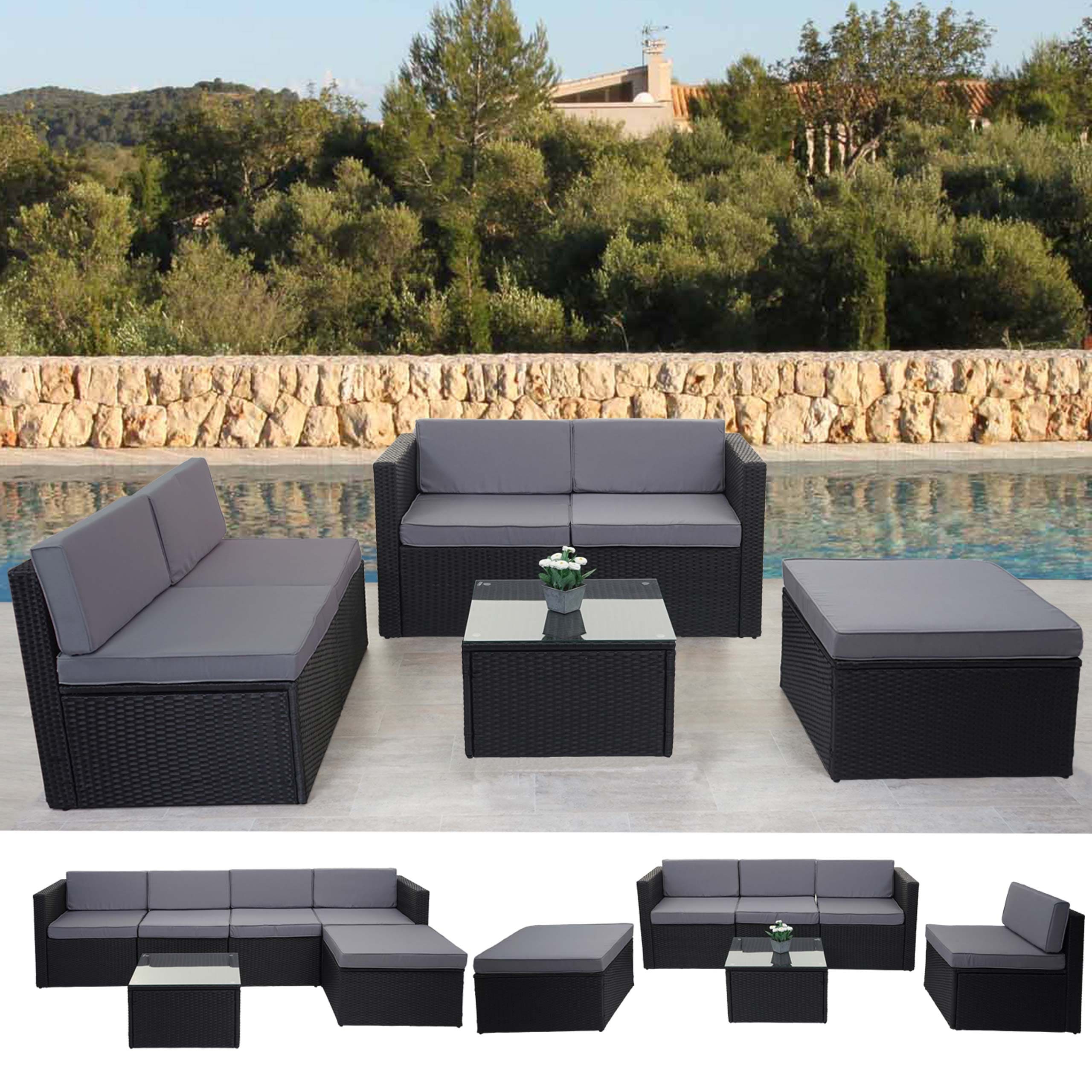 Poly-Rattan-Garnitur MCW-D24, Garten-/Lounge-Set Sofa ~ anthrazit, Polster grau 