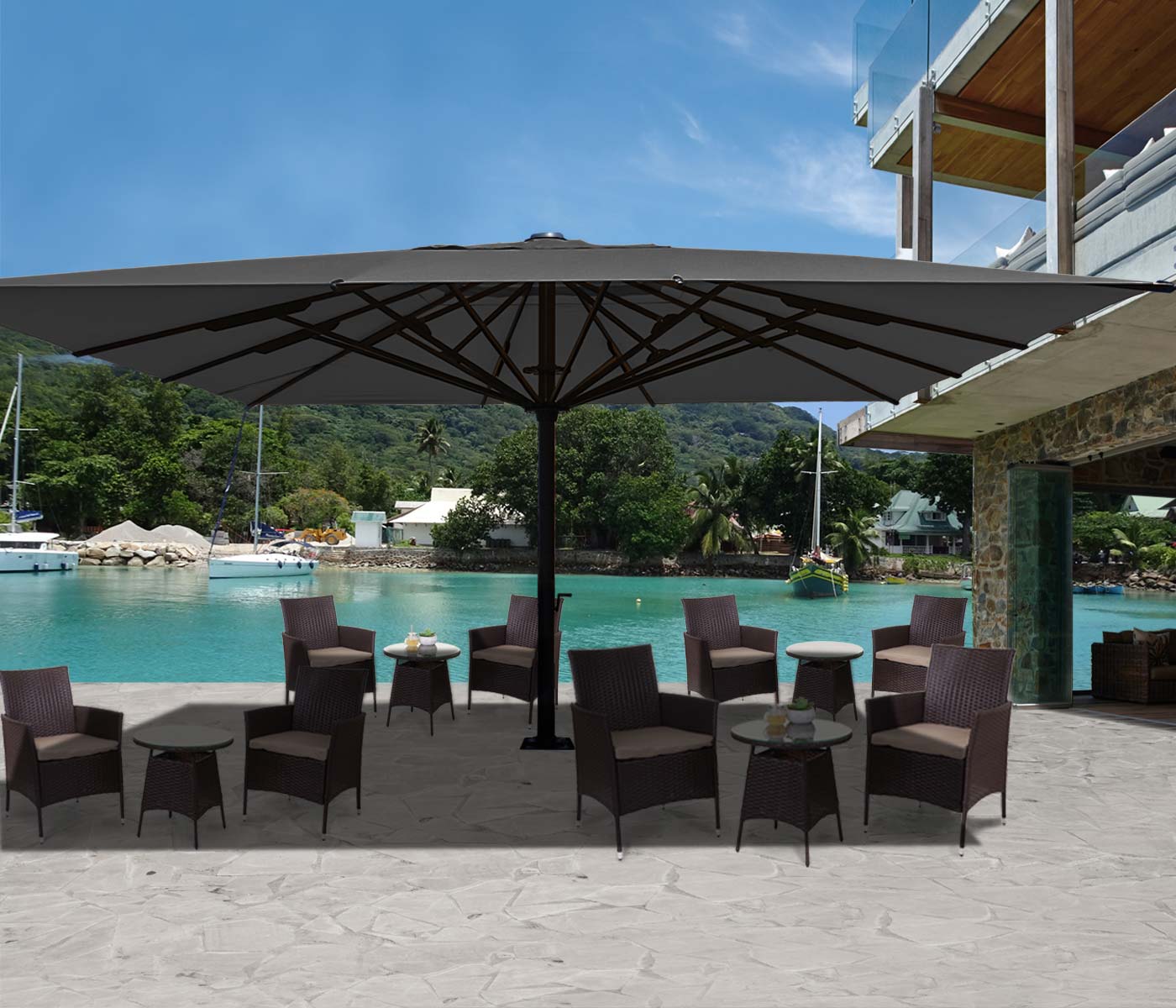 Gastronomie-Luxus-Sonnenschirm MCW-D20, XXL-Schirm Marktschirm, 5x5m (&Oslash;7,2m) Polyester/Alu 90kg ~ anthrazit 