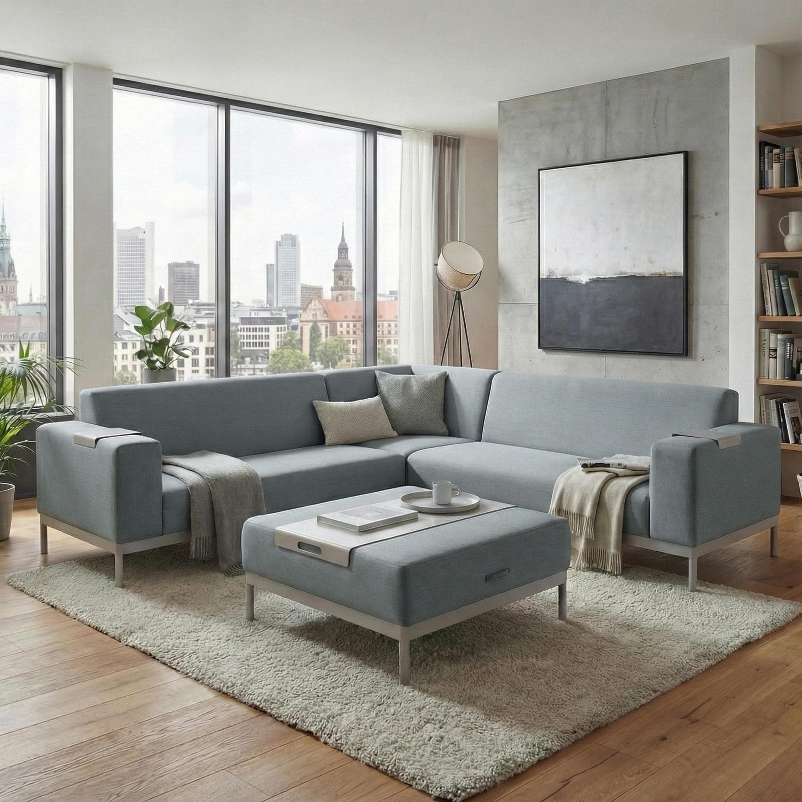 Ecksofa MCW-C47, Sofa Loungesofa Couch, Stoff/Textil Indoor wasserabweisend 245cm ~ blau mit Ablage 