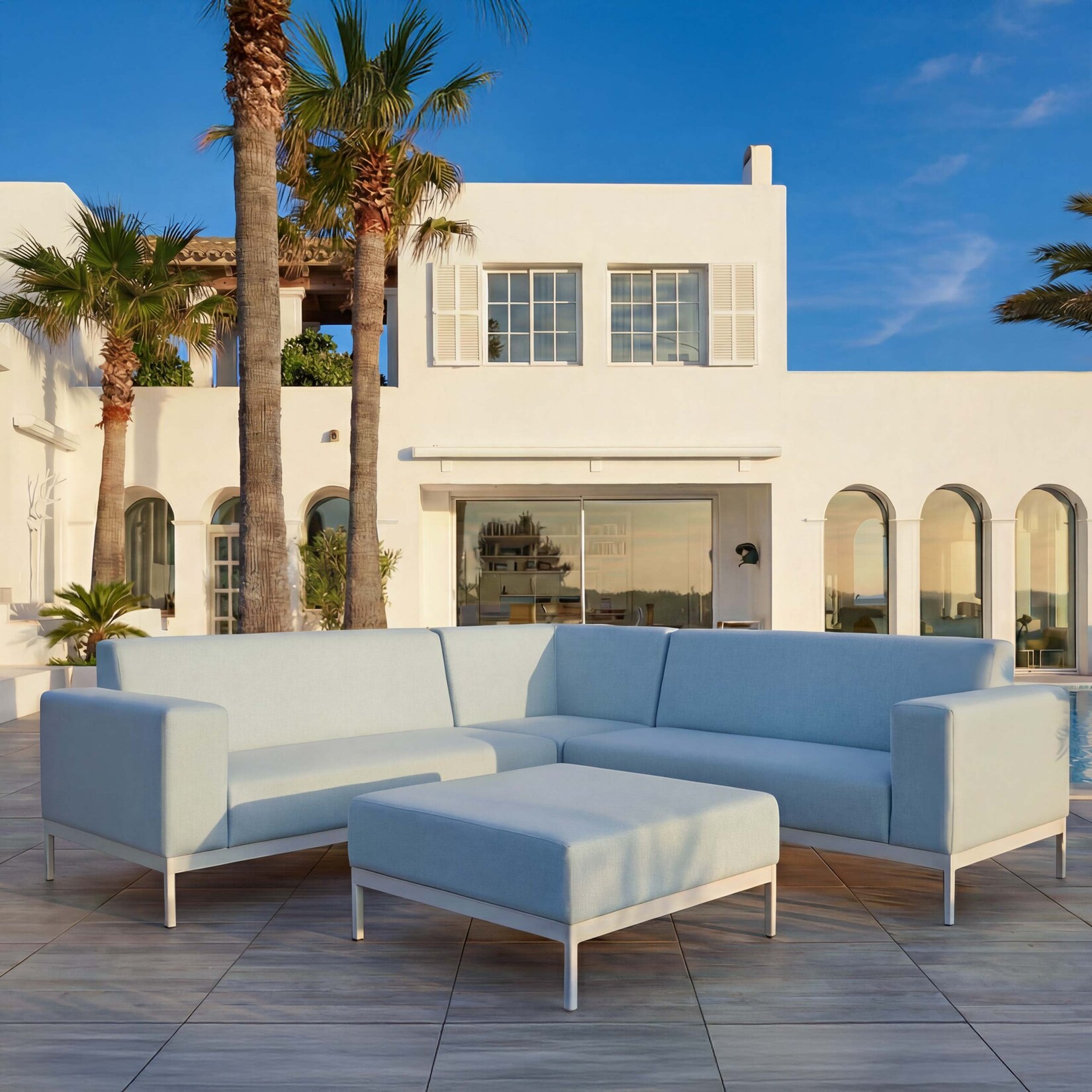 Alu-Garten-Garnitur MCW-C47, Sofa, Outdoor Stoff/Textil ~ blau ohne Ablage, ohne Kissen