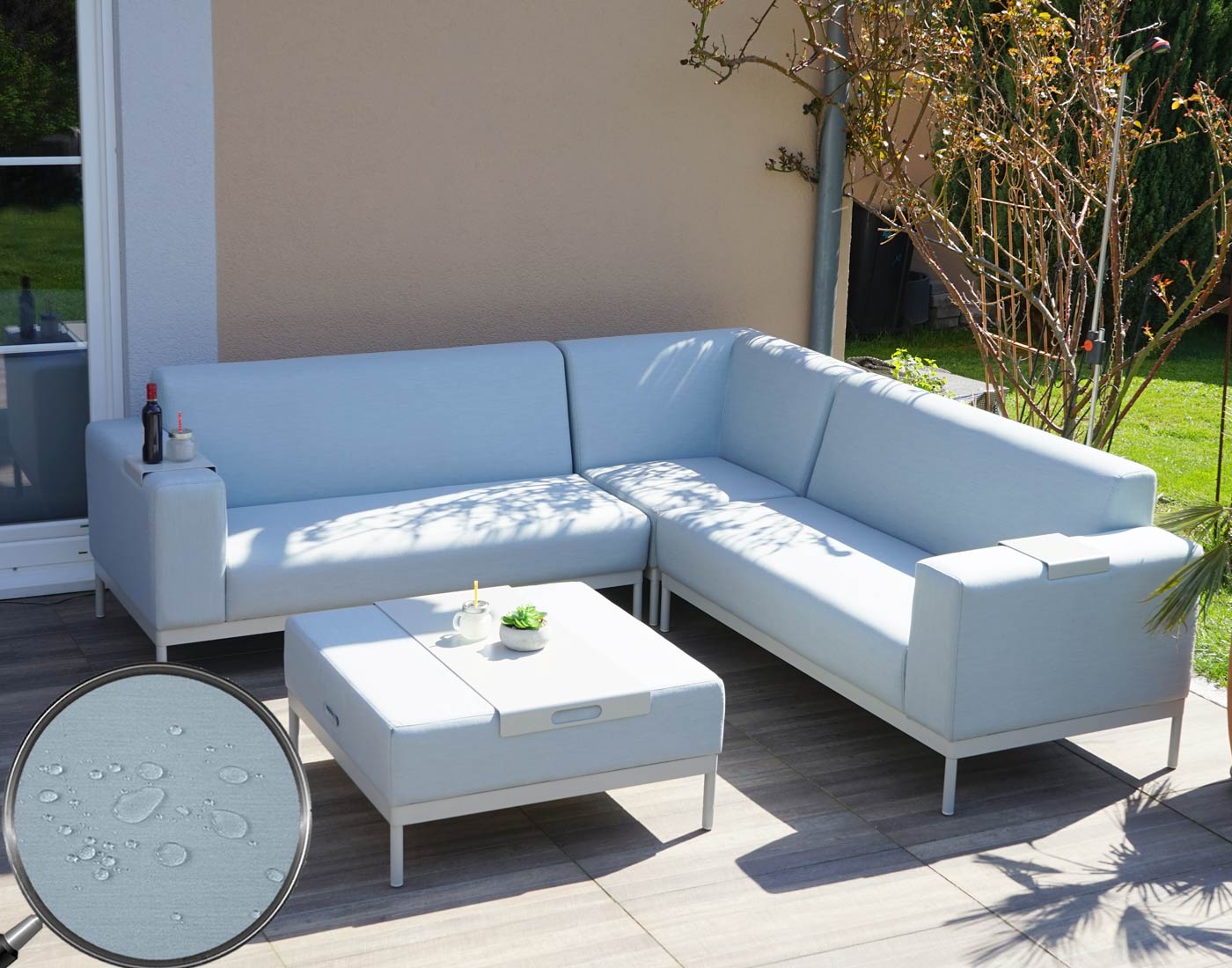 Alu-Garten-Garnitur MCW-C47, Sofa, Outdoor Stoff/Textil ~ blau mit Ablage, ohne Kissen 
