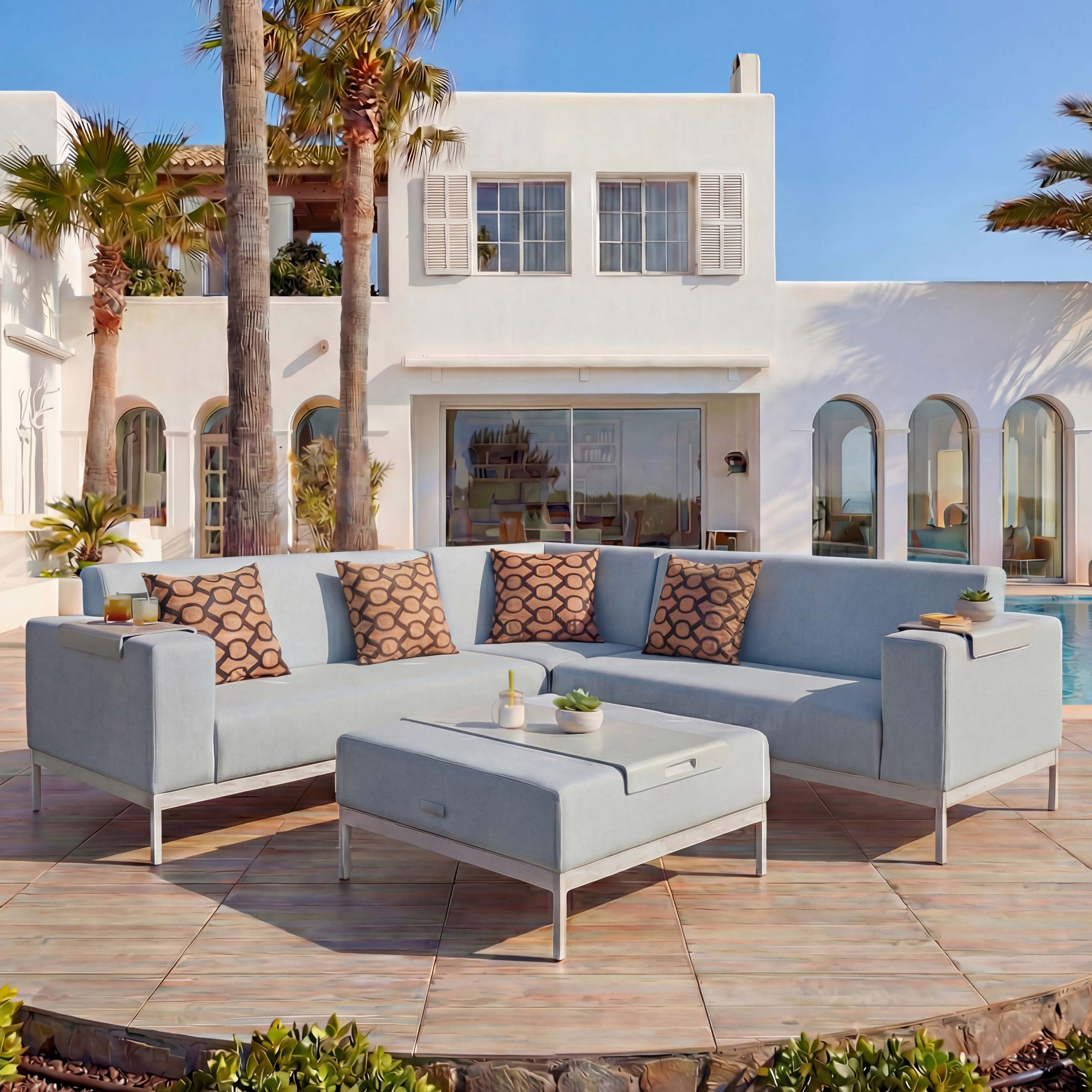 Alu-Garten-Garnitur MCW-C47, Sofa, Outdoor Stoff/Textil ~ blau mit Ablage, Kissen braun 