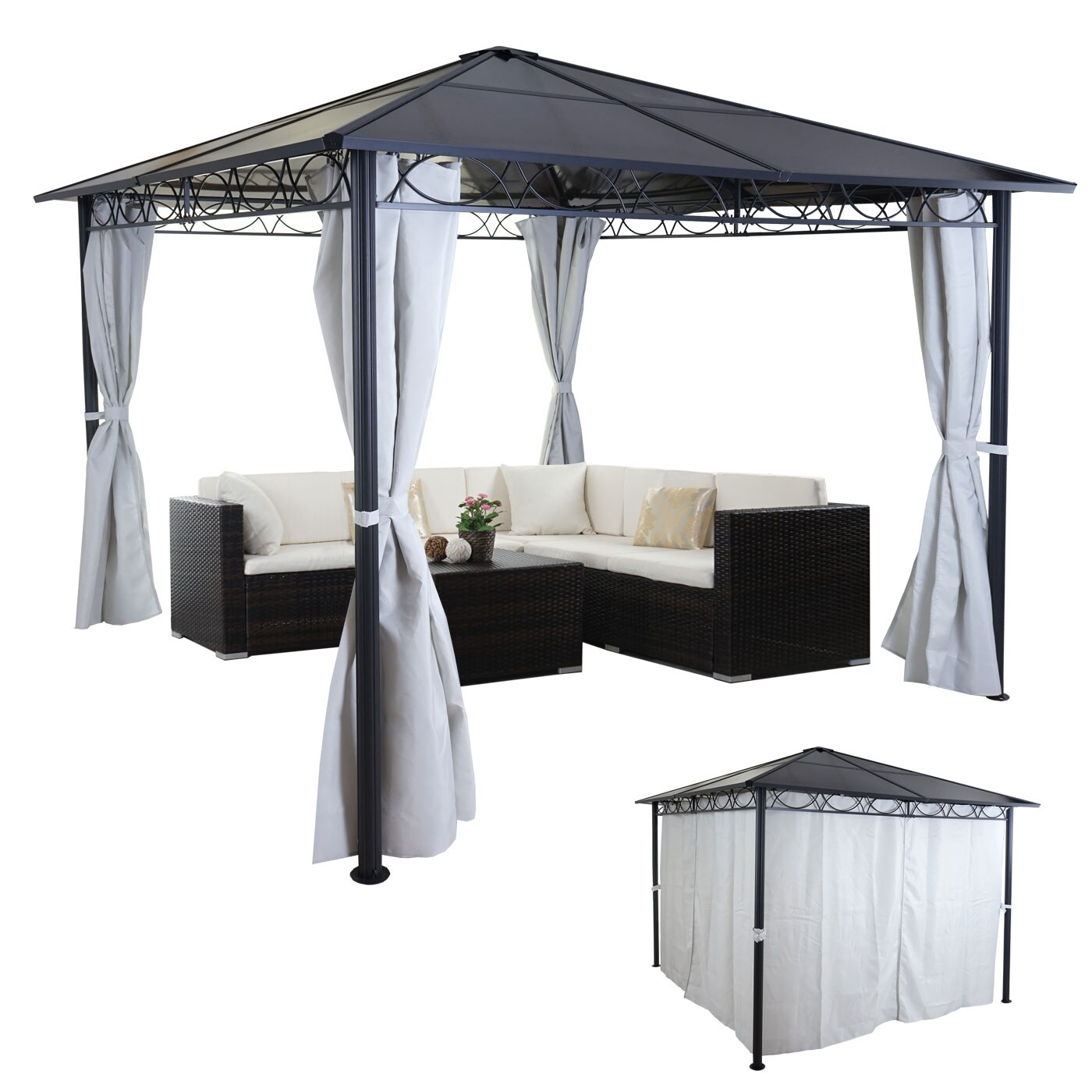 Hardtop Pergola MCW-C77, Garten Pavillon, Kunststoff-Dach Seitenwand Alu hellgrau 3x3m