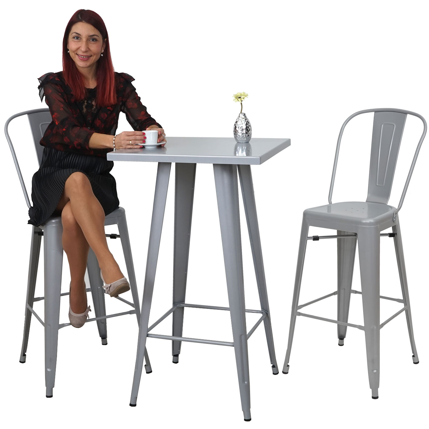 Mendler Stehtisch + 2 Barhocker Set Grau - Industriedesign Metall