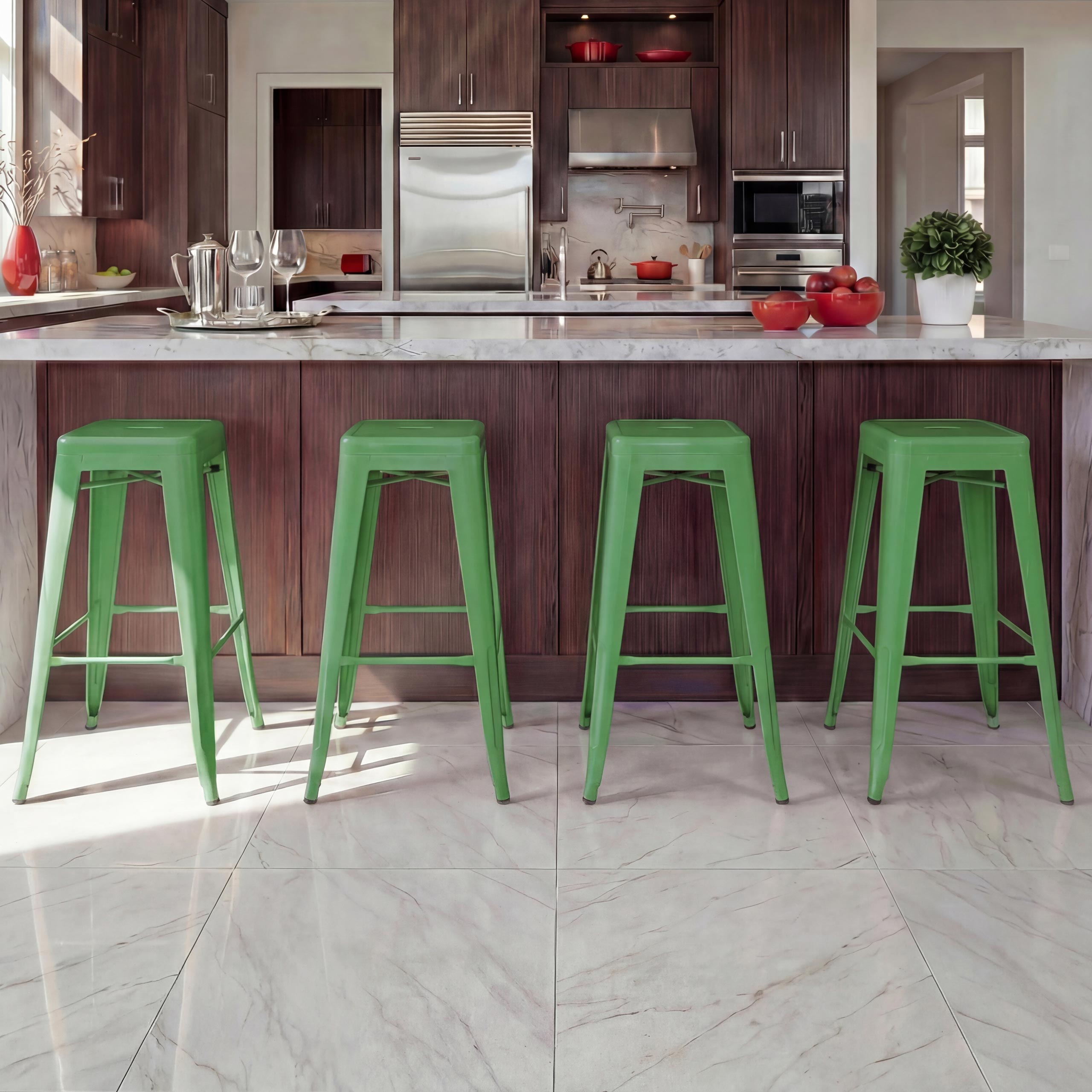 4er-Set Barhocker MCW-A73, Barstuhl Tresenhocker, Metall Industriedesign stapelbar ~ gr&uuml;n 